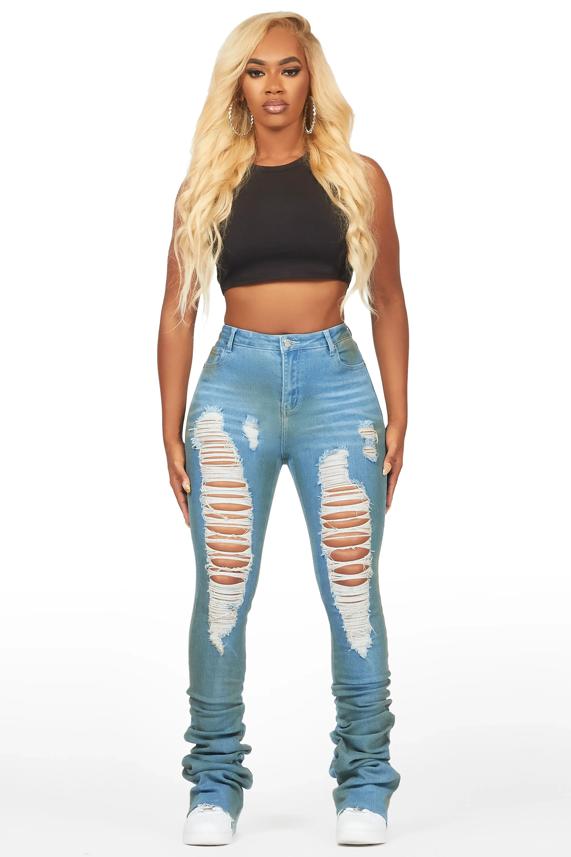 Yours Truly Dirty Blue Bleached Wash Distressed Super Stacked Jean