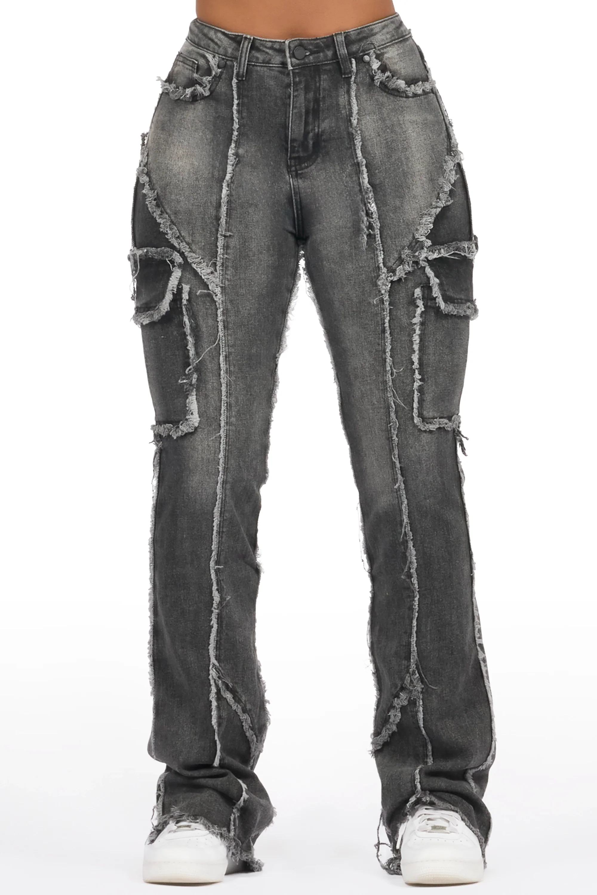 Keshia Dark Grey Wash Stacked Flare Jean