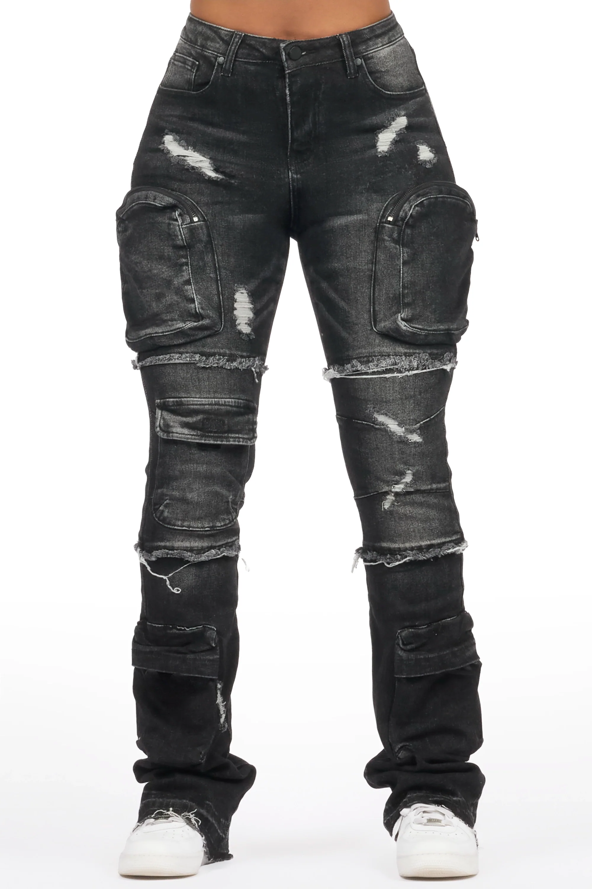 Toniesha Dark Grey Wash Stacked Flare Jean