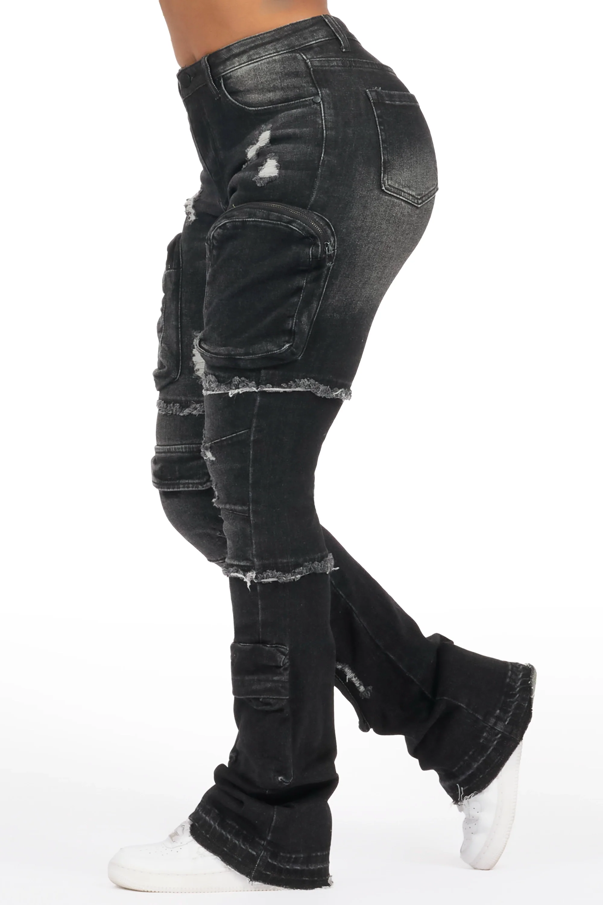 Toniesha Dark Grey Wash Stacked Flare Jean