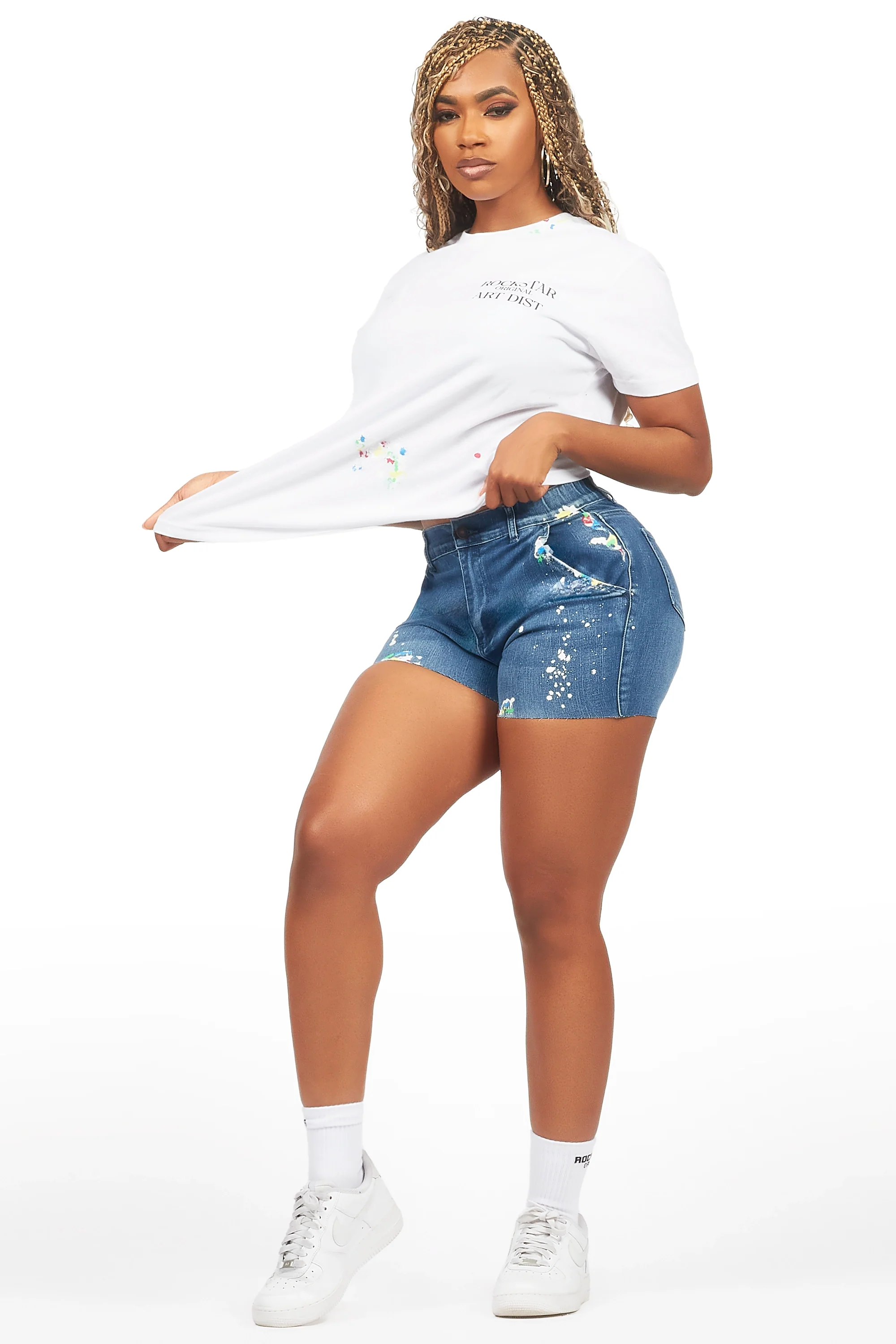 Nashiya White/Med Wash Denim Short Set