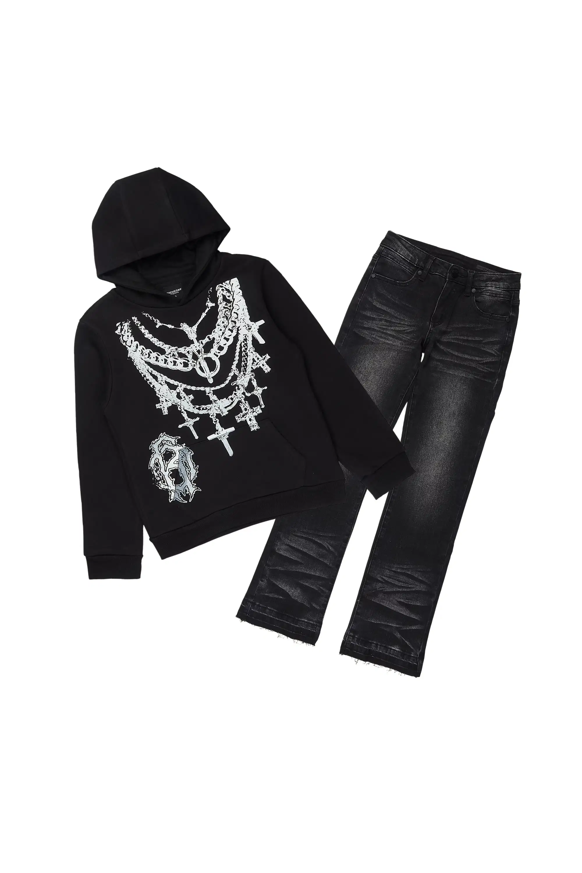Boys Nyro Black/Grey Hoodie/Stacked Jean Set