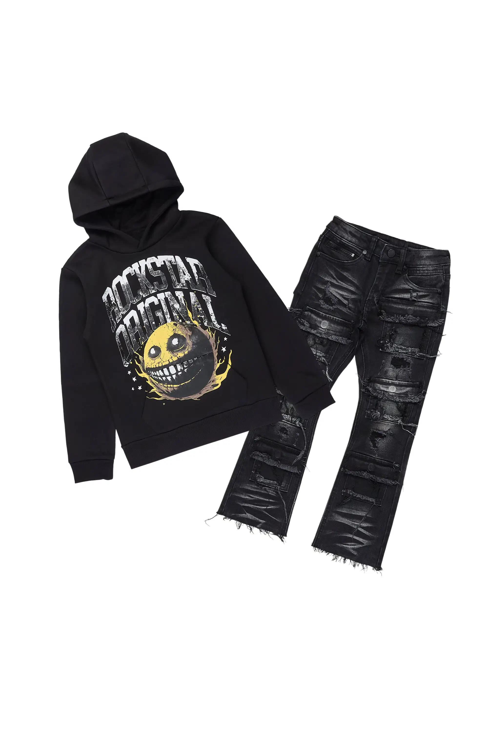Boys Parsons Black Hoodie/Stacked Jean Set