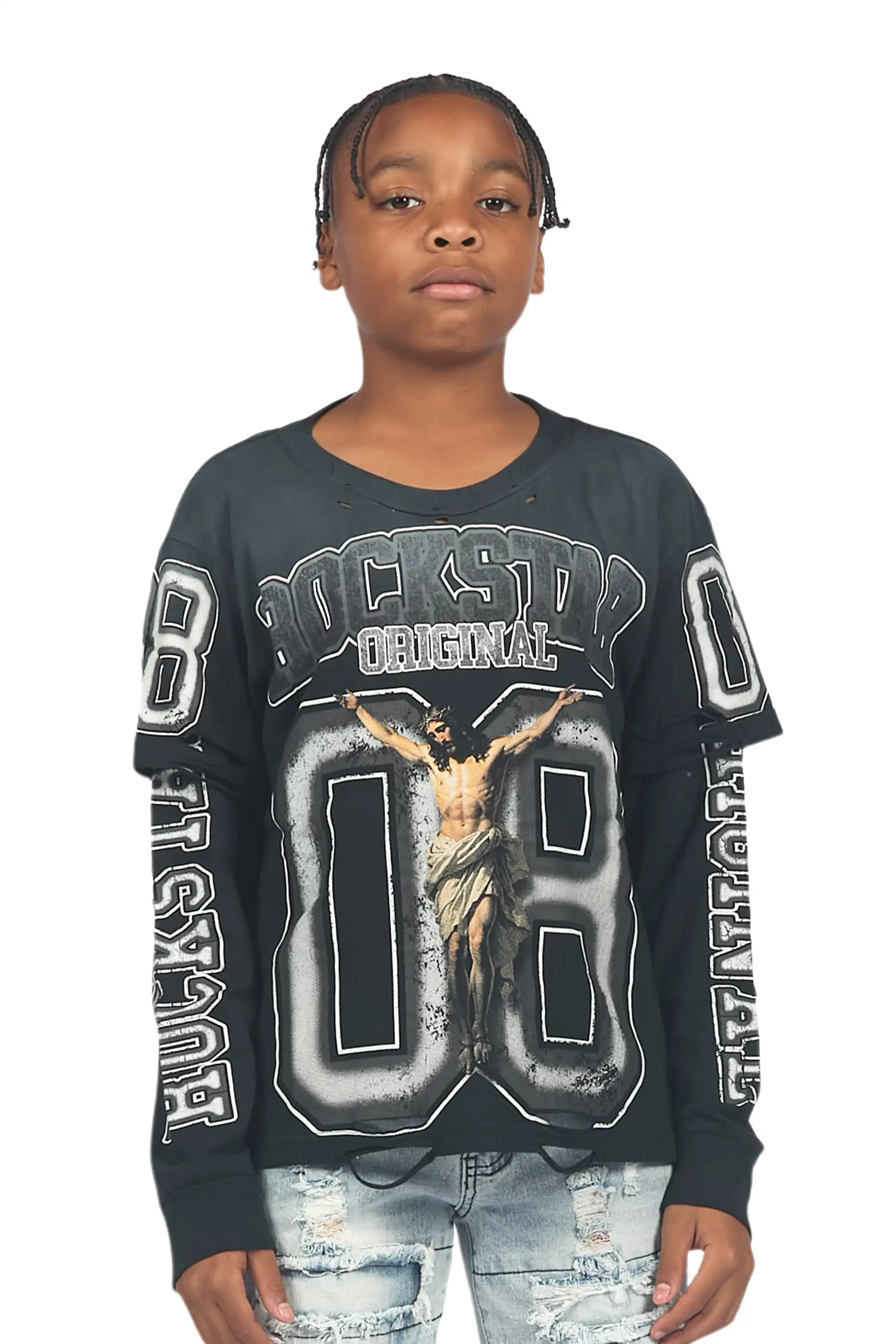 Boys Fields Black/White Double Layer L/S Graphic T-Shirt