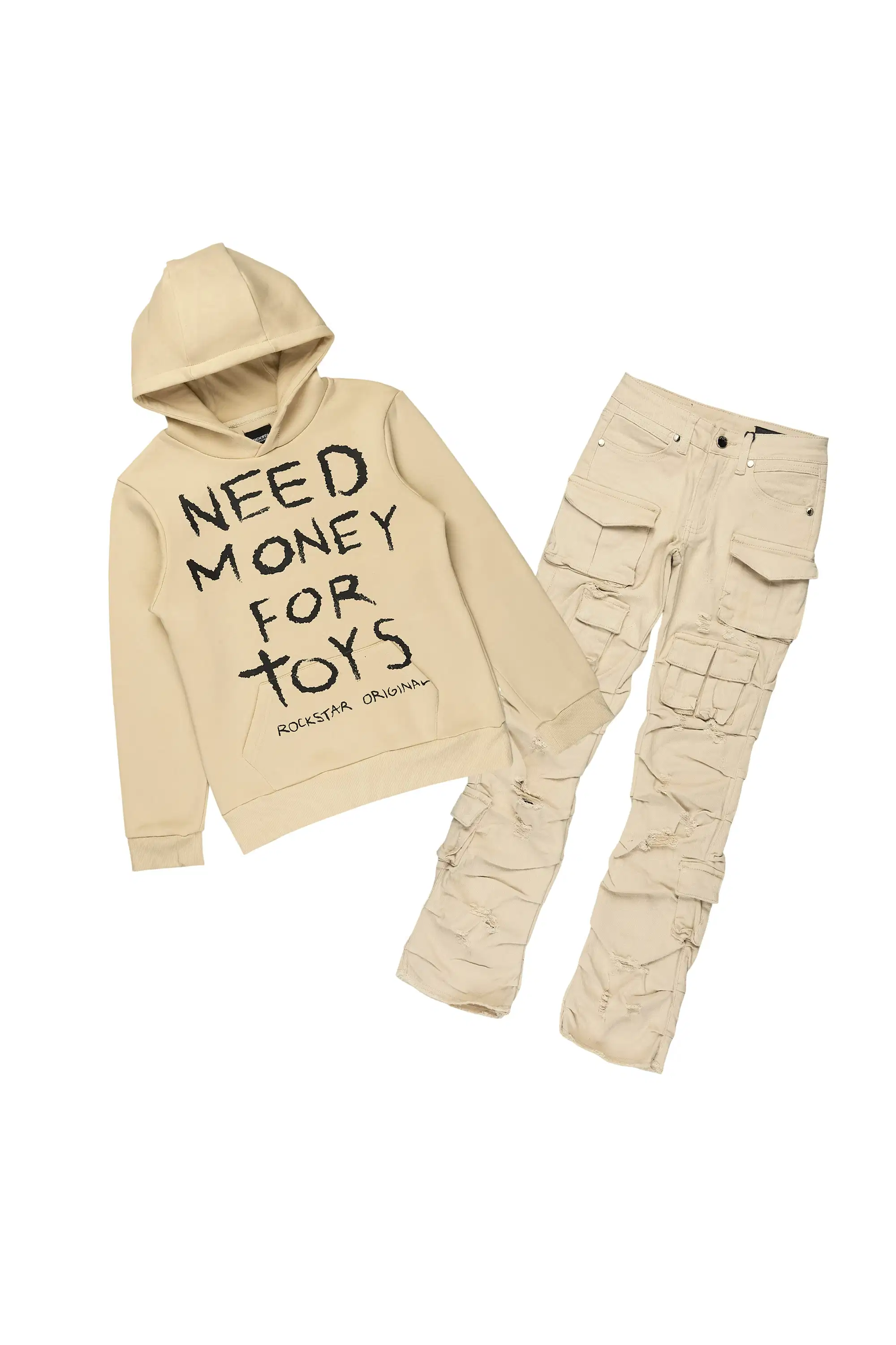 Boys M4 Toys Beige Hoodie/Stacked Jean Set