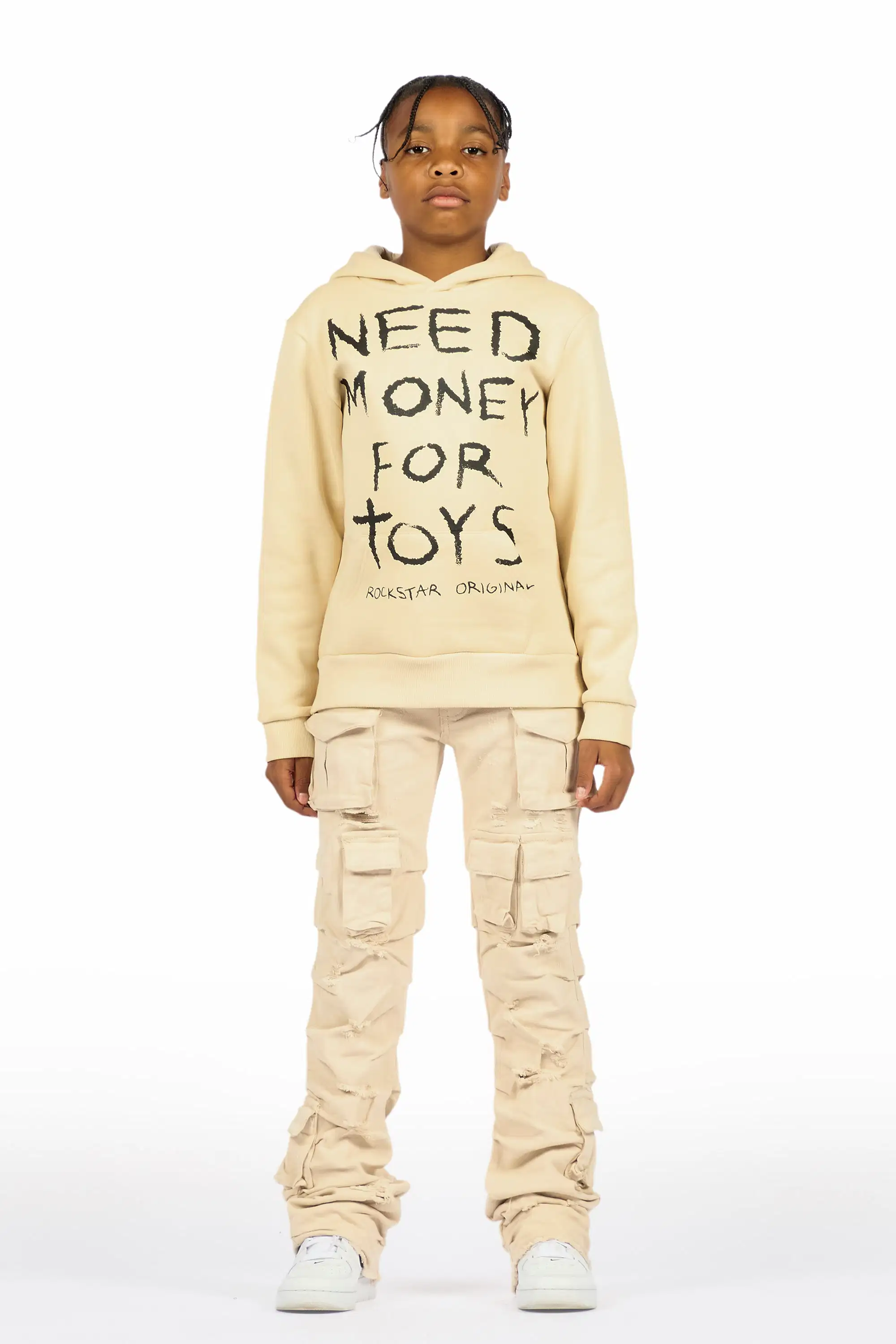 Boys M4 Toys Beige Hoodie/Stacked Jean Set