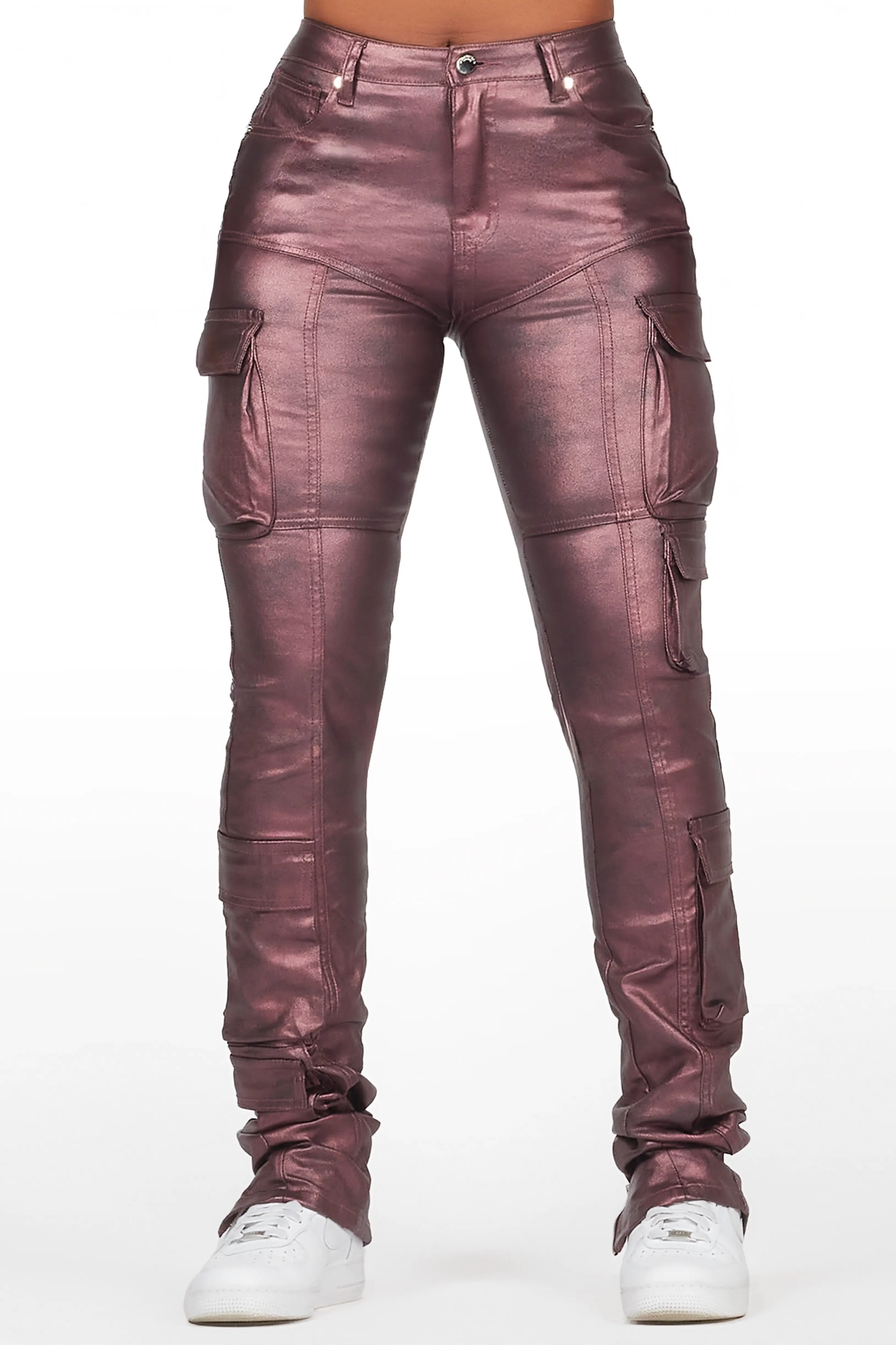 Teeoina Pink Coated Black Skinny Stacked PU Pant