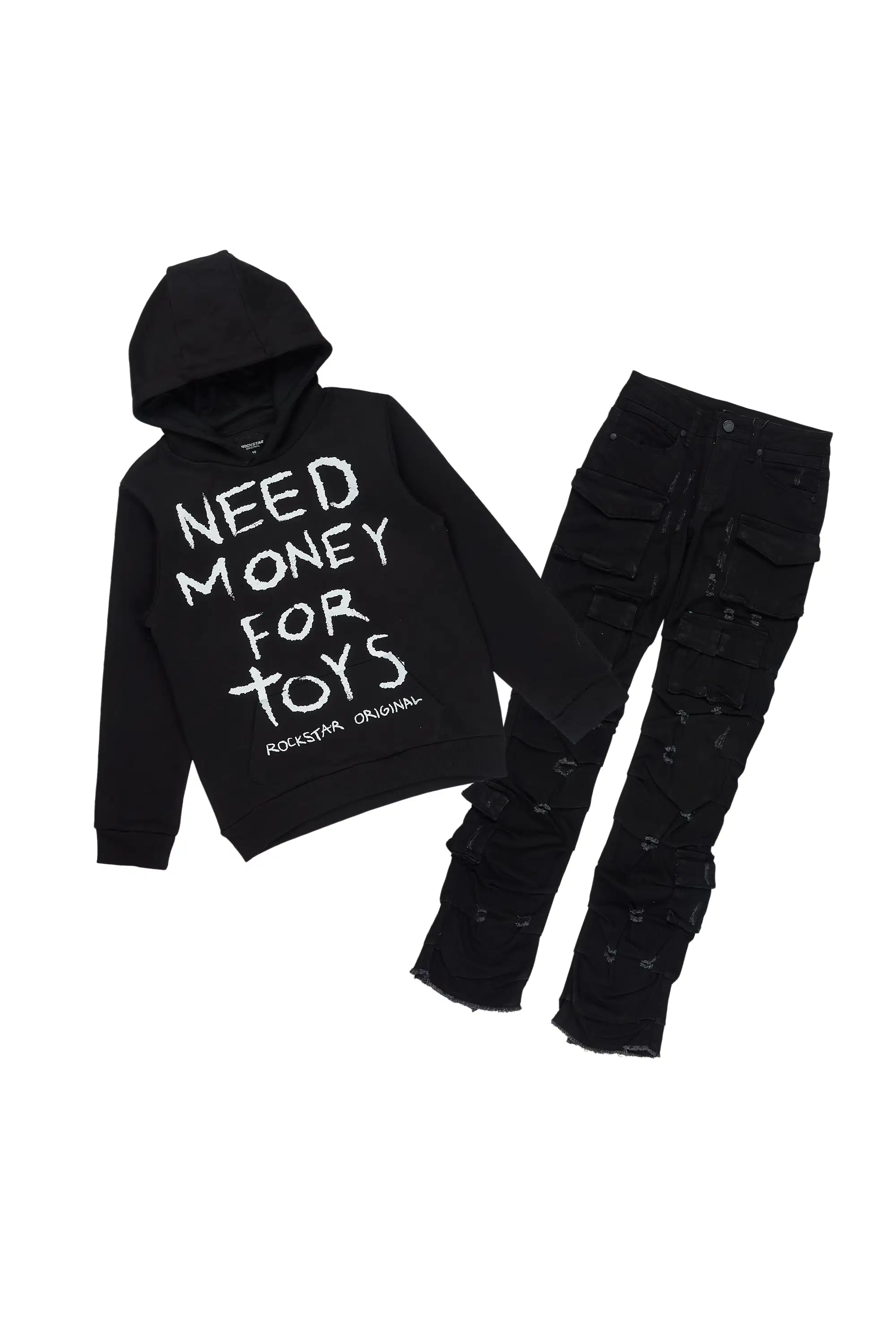 Boys M4 Toys Black Hoodie Stacked Jean Set