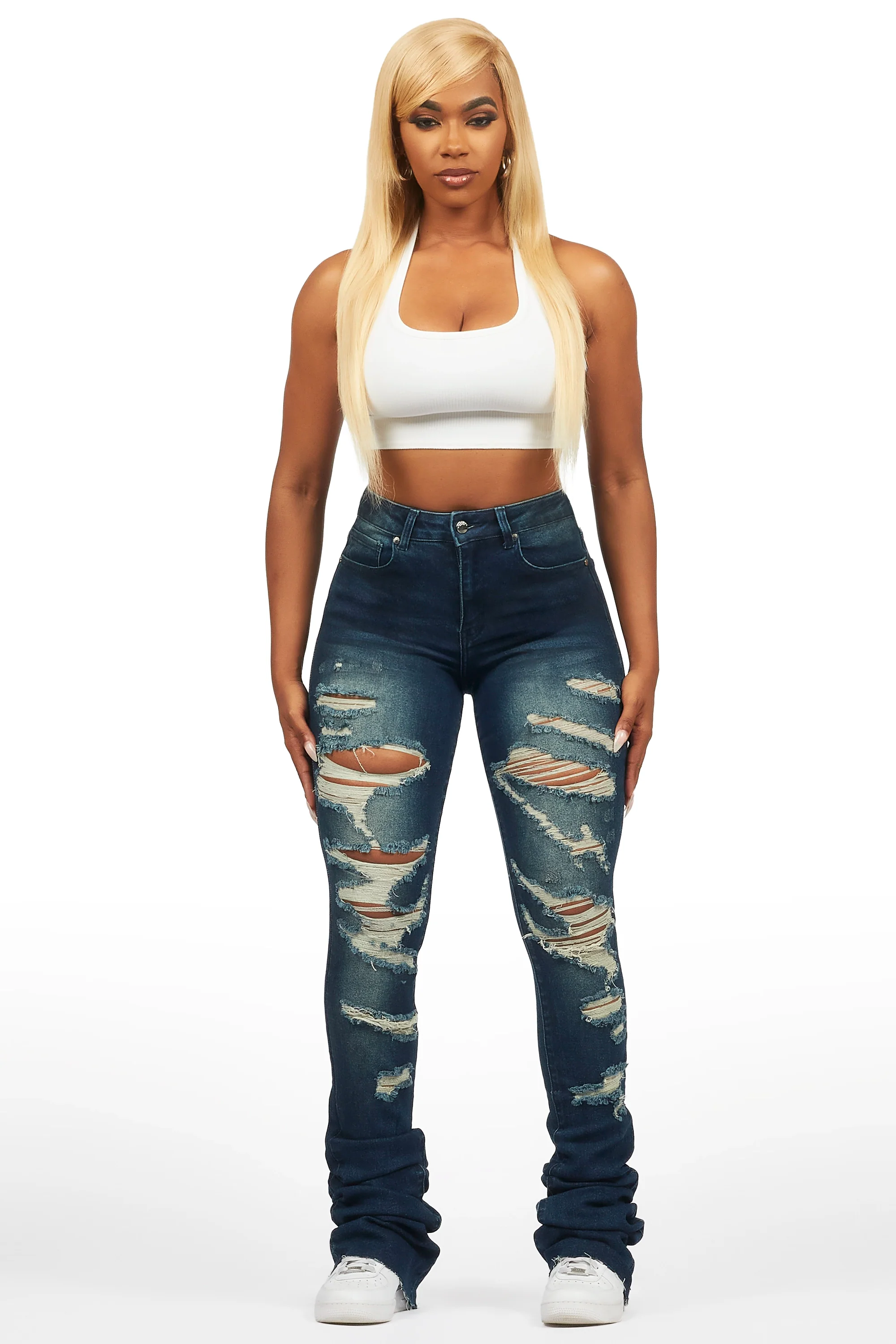 Teyja Dark Wash Distressed Super Stacked Jean