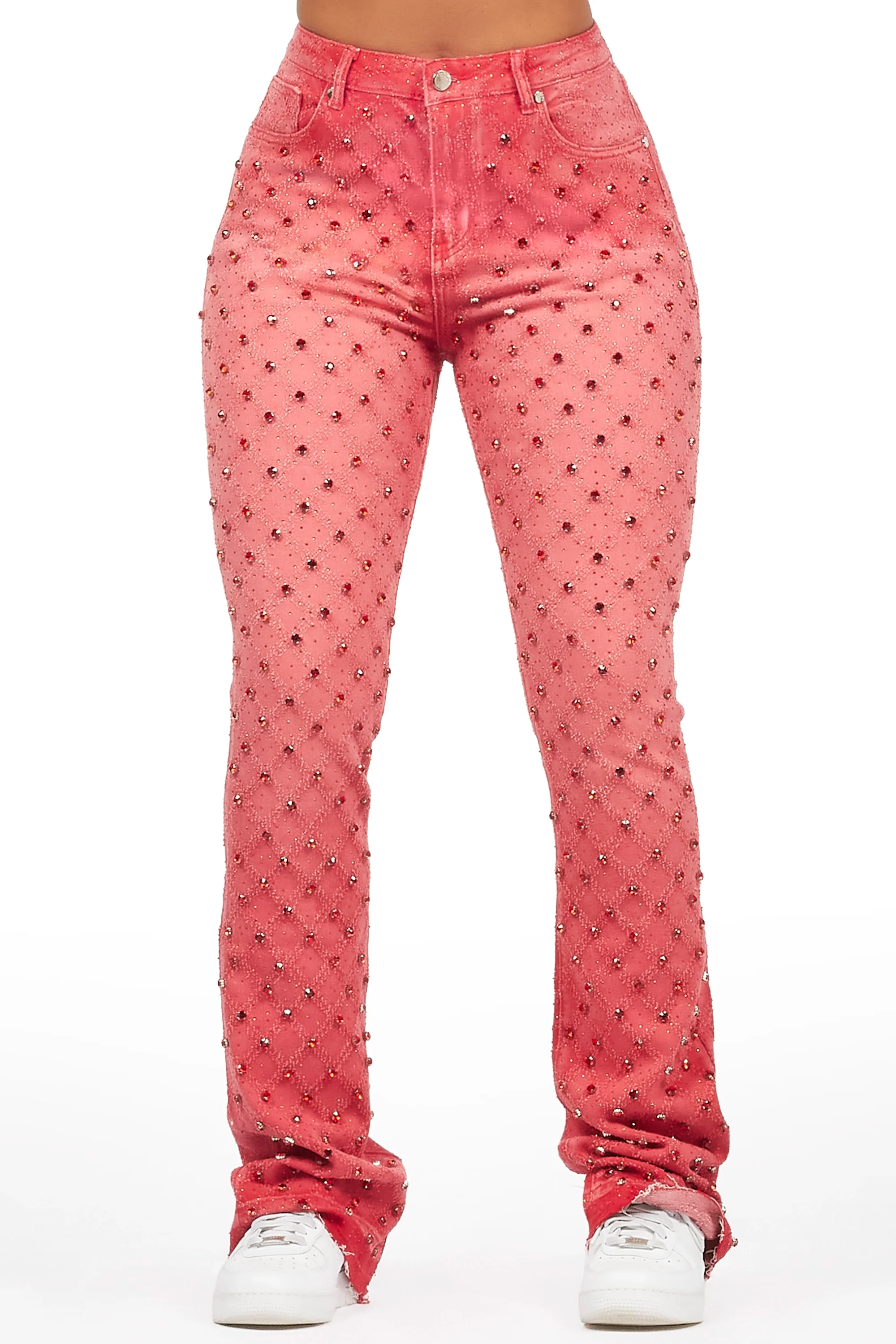 Sareka Red Rhinestone Stacked Flare Jean