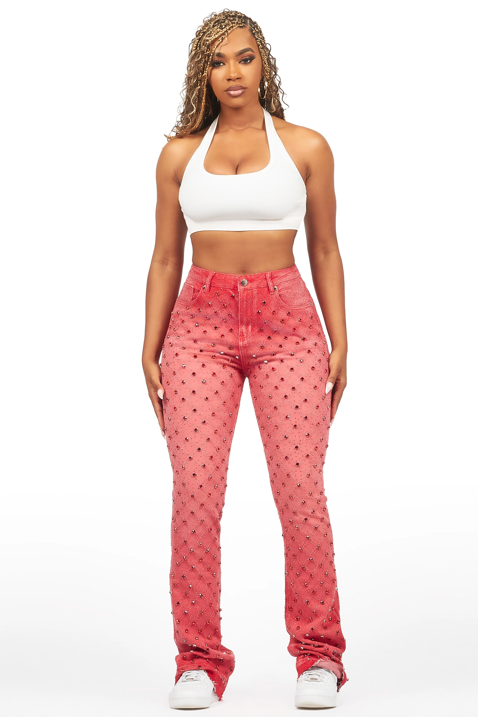 5653-sareka-red-rhinestone-stacked-flare-jean-3.jpg Sareka Red Rhinestone Stacked Flare Jean