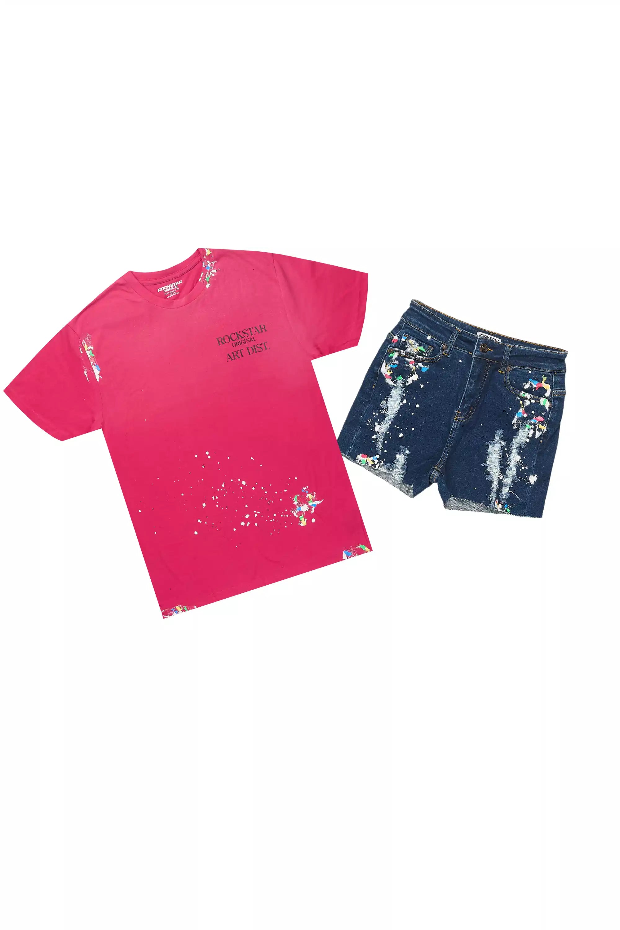 Jarah Pink/Blue Denim Short Set