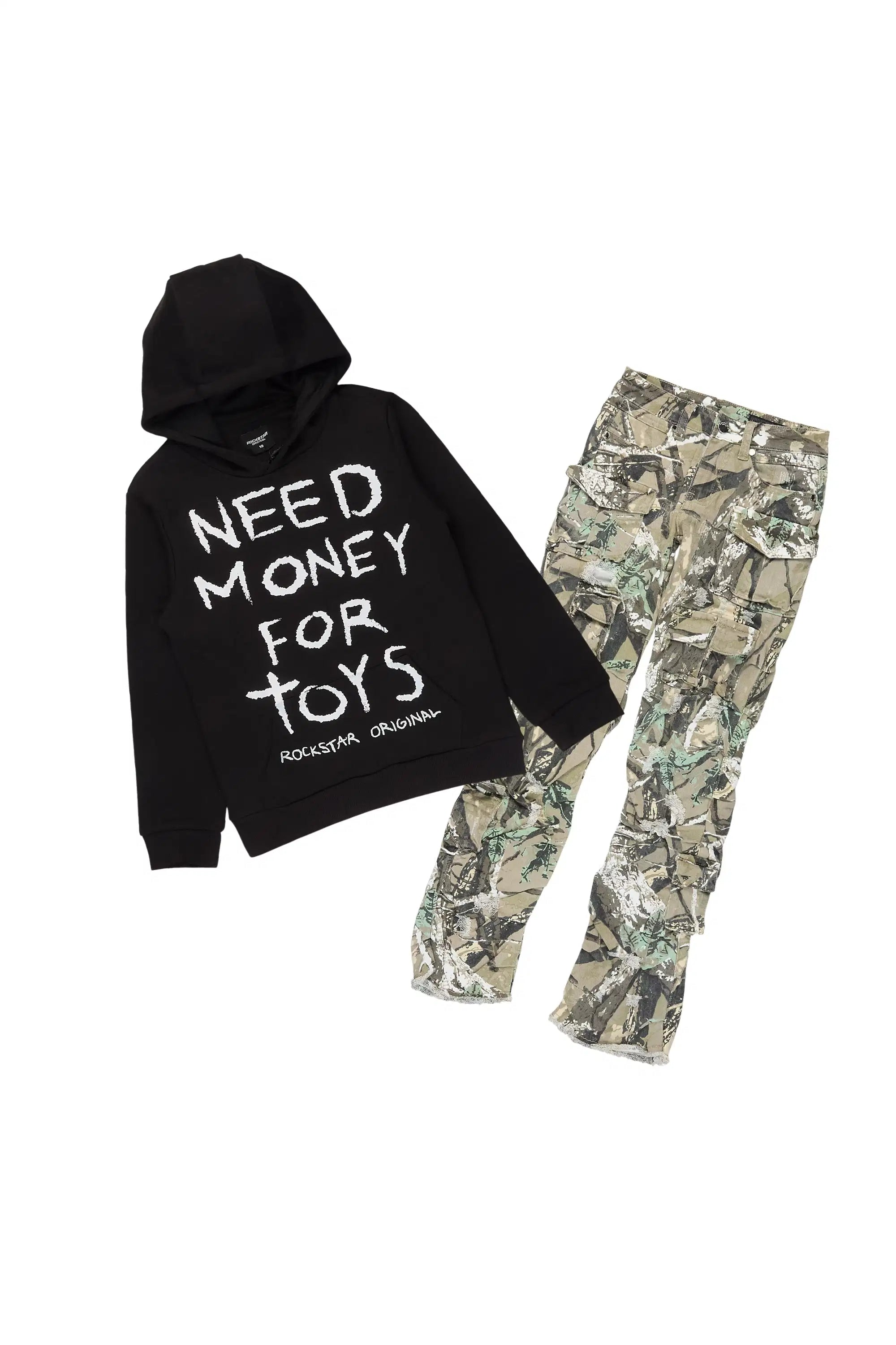 Boys M4 Toys Black/Camo Hoodie Stacked Jean Set