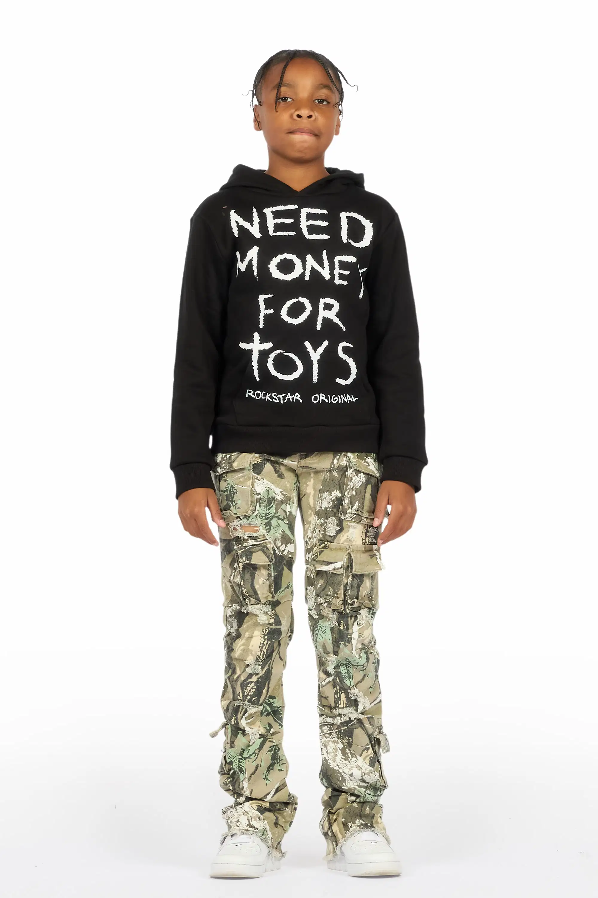 Boys M4 Toys Black/Camo Hoodie Stacked Jean Set