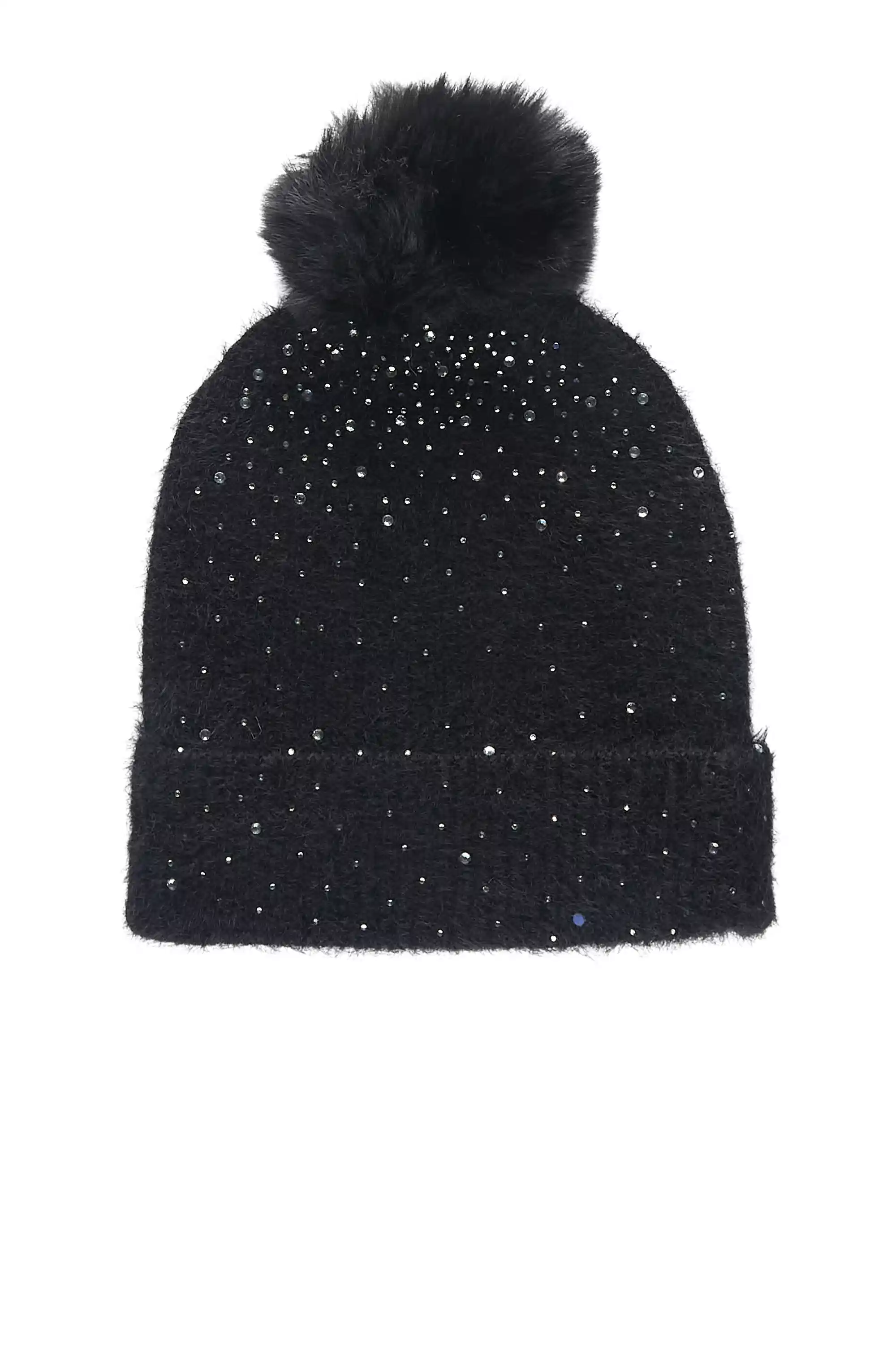 Tajuana Black Rhinestone Beanie With Fur Pom
