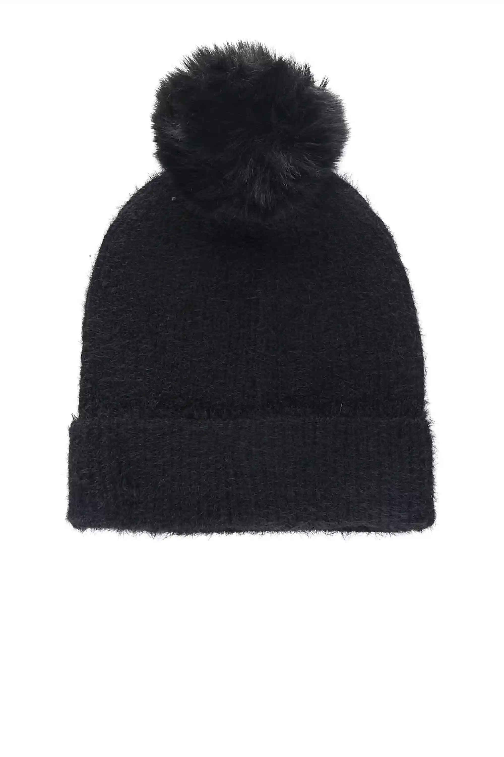 Tajuana Black Rhinestone Beanie With Fur Pom