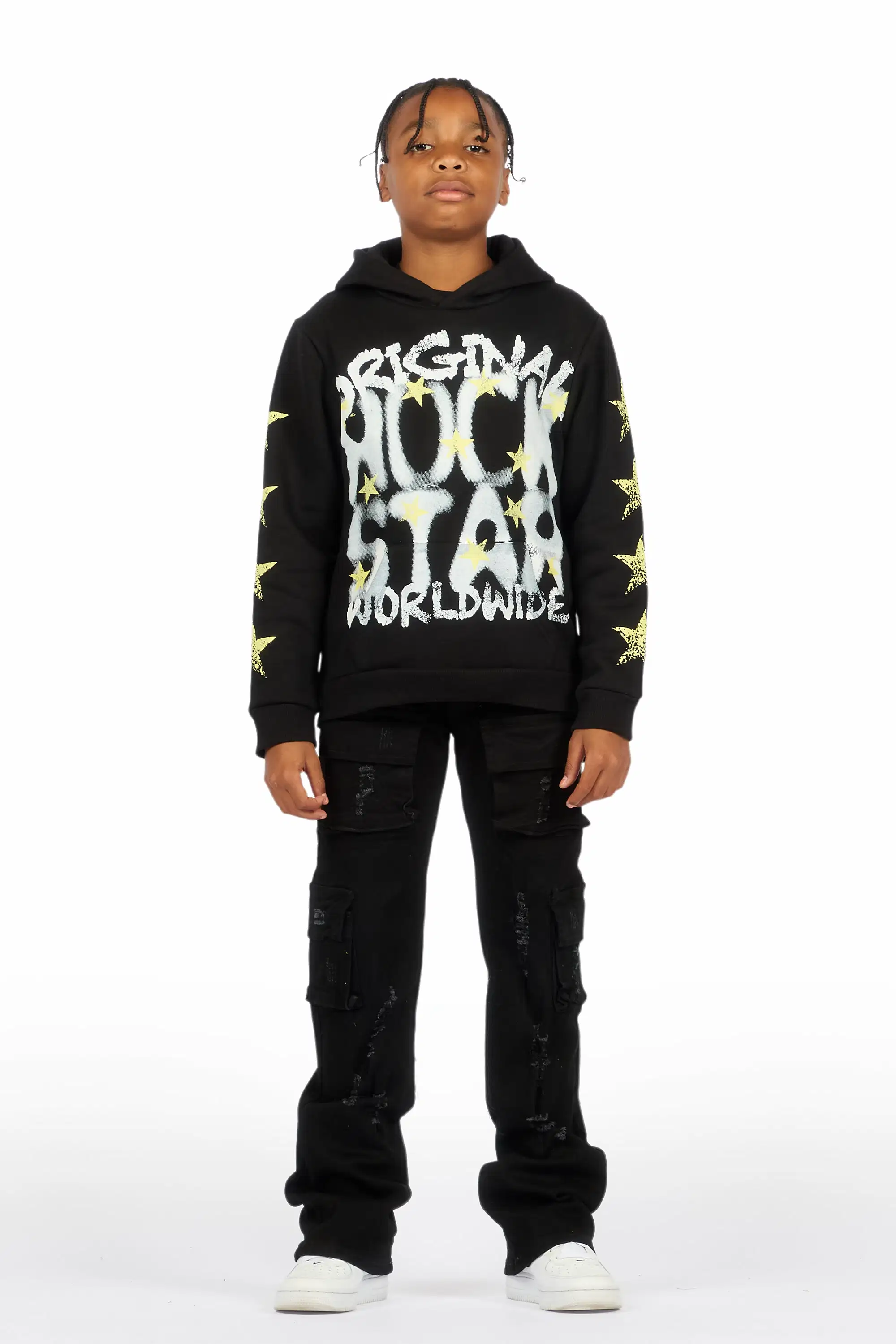 Boys Xaerys Black Hoodie/Stacked Jean Set