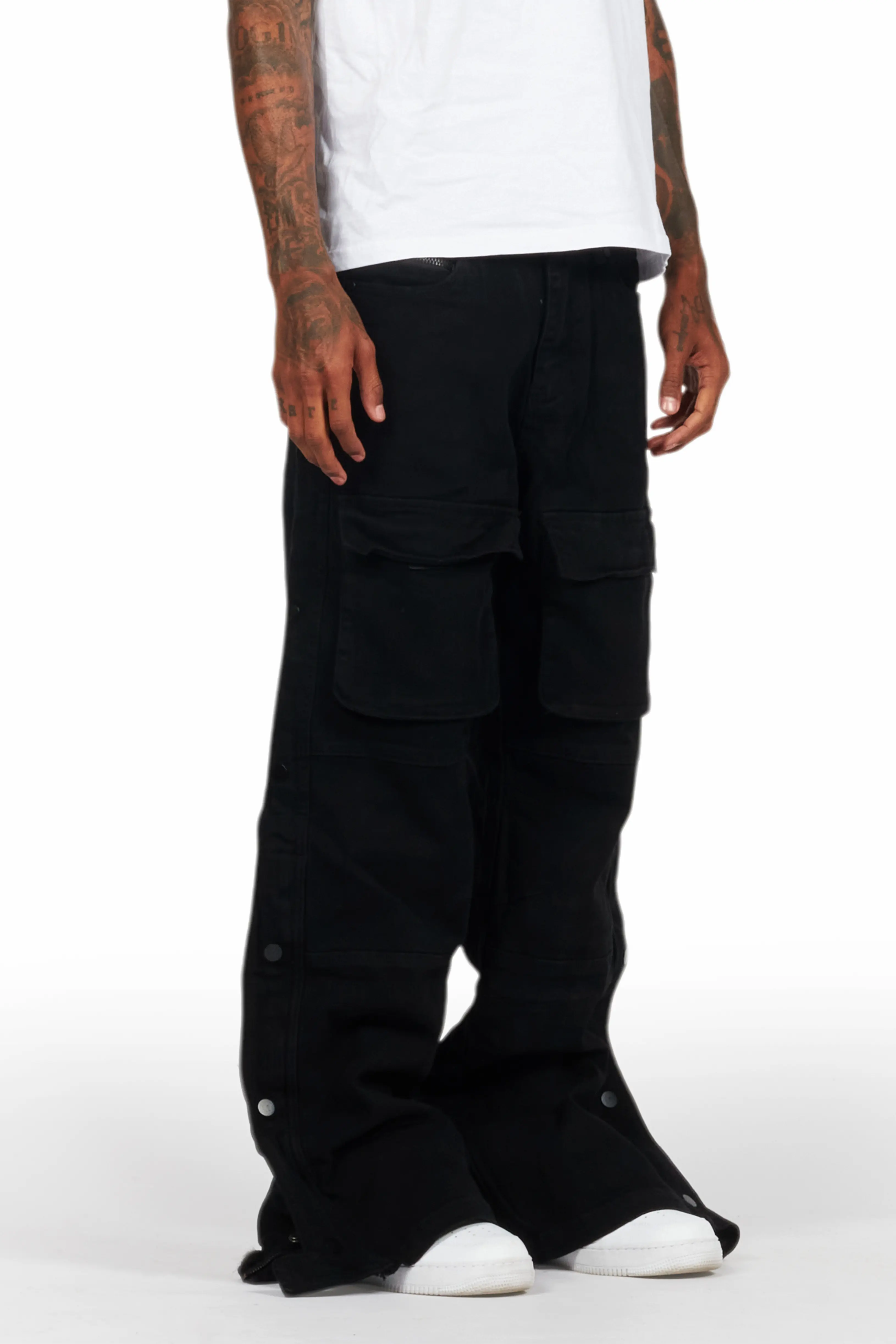 Yuri Black Stacked Cargo Flare Jean