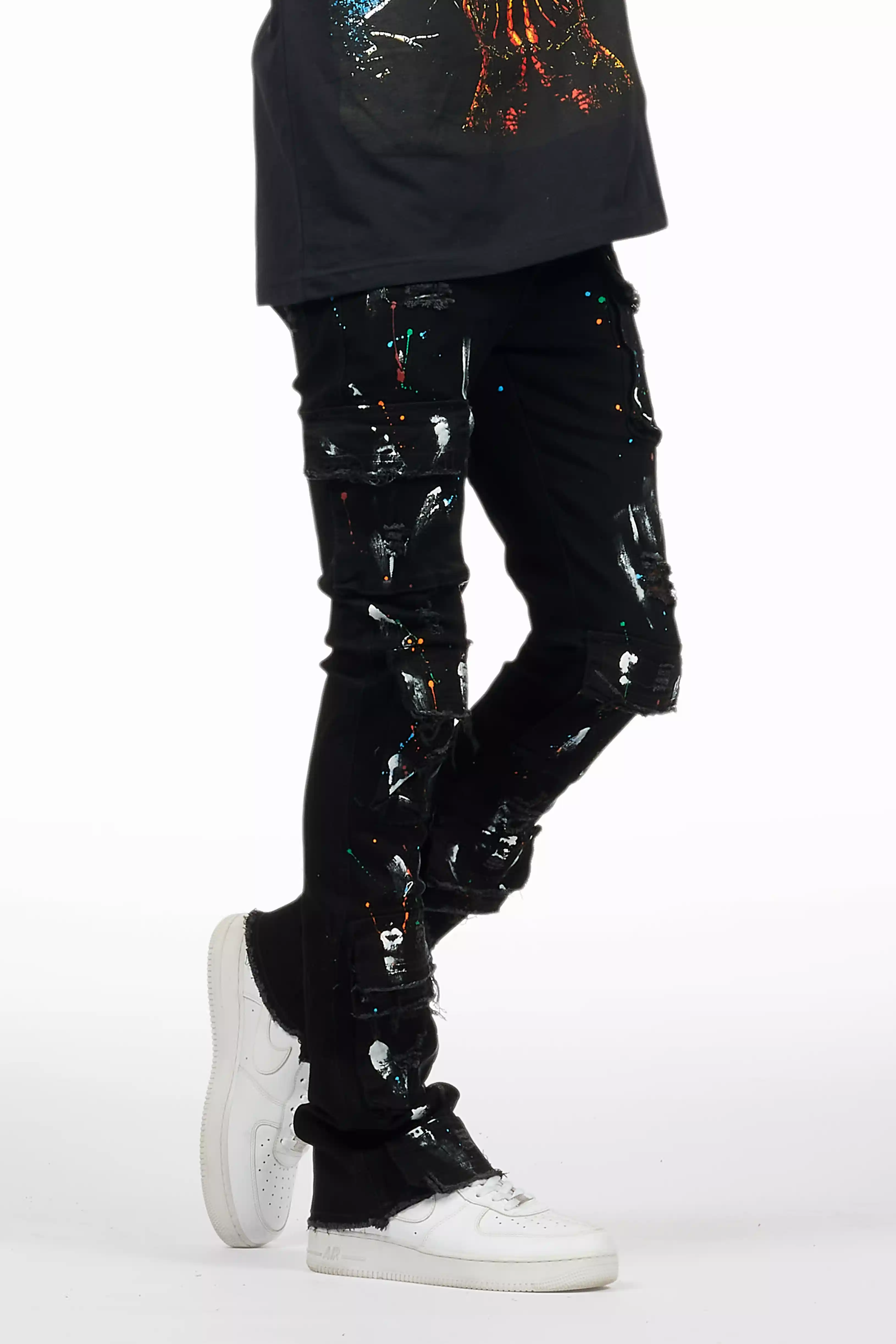 Orien Jet Black Painter Stacked Flare Jean