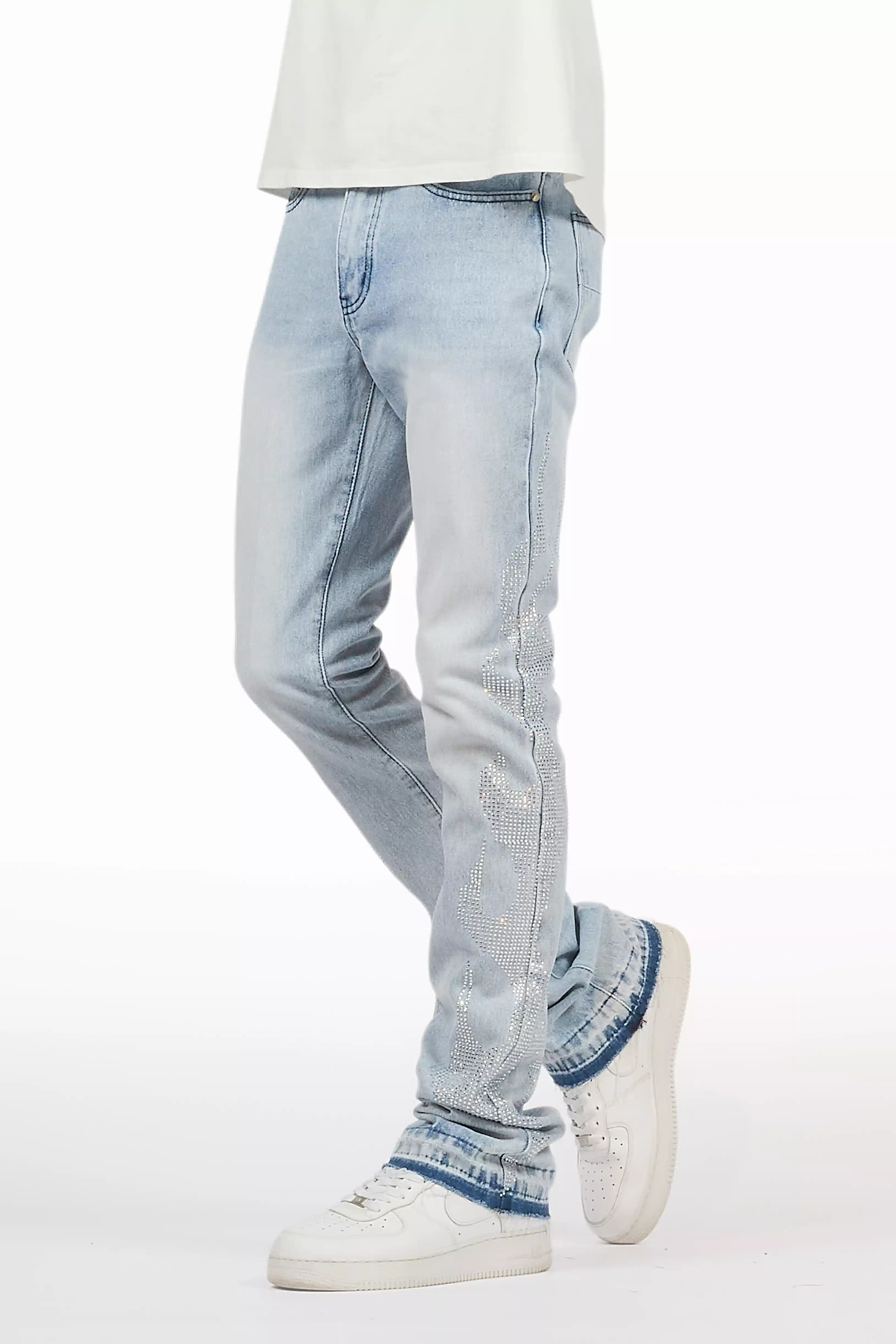 Jian Light Blue Rhinestone Stacked Flare Jean