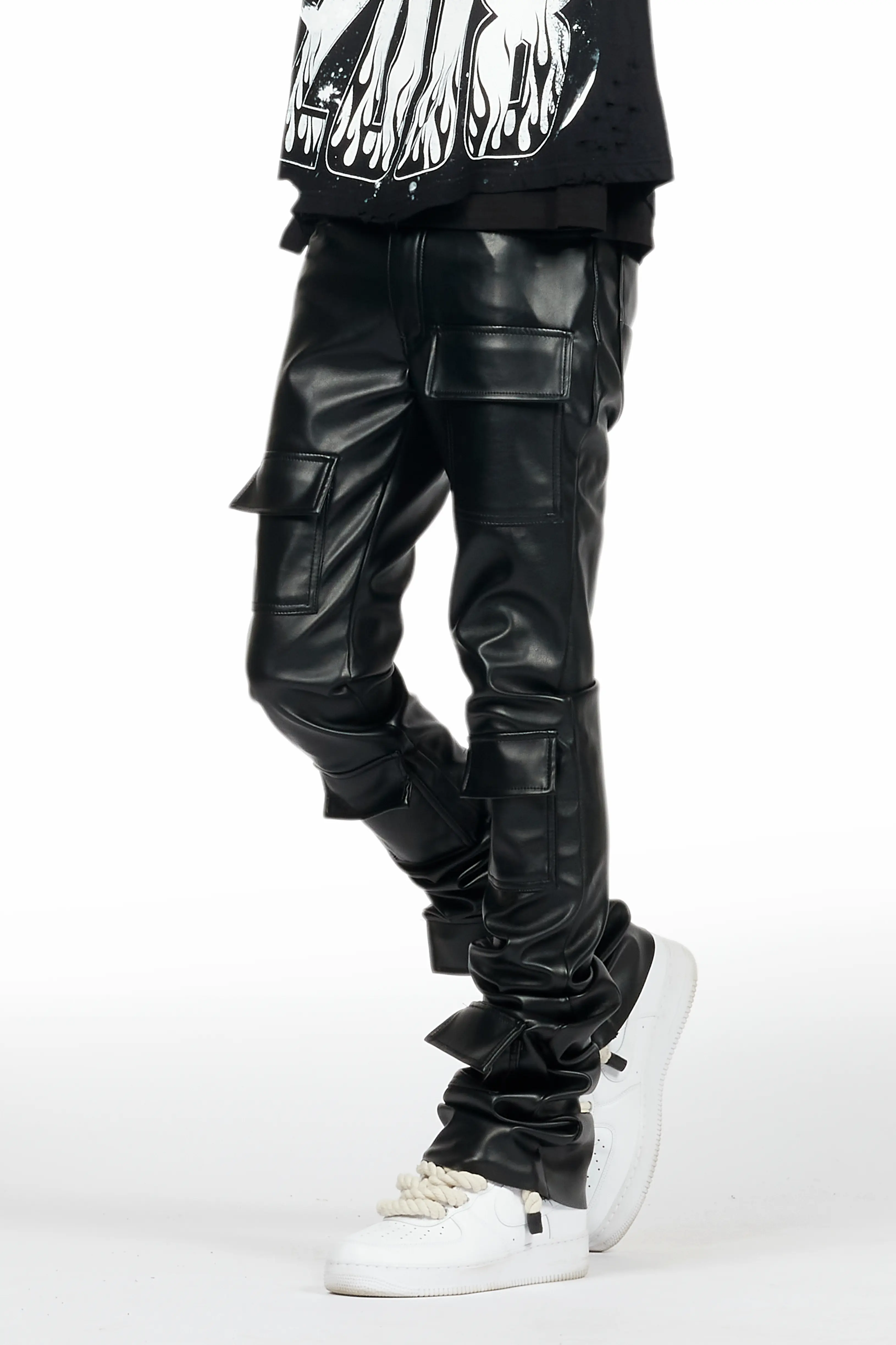 Petrus Black PU Stacked Flare Leather Jean