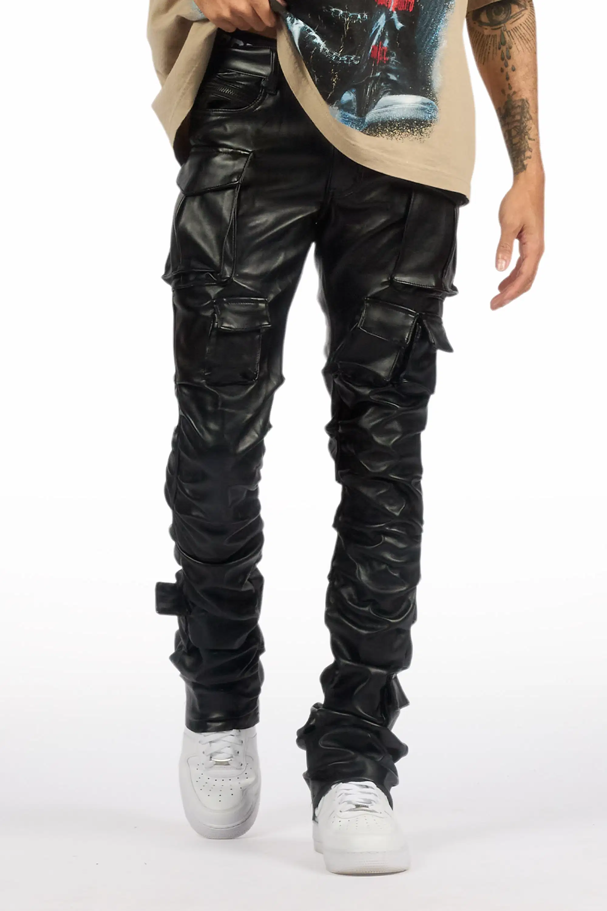 Gentry Black Stacked Flare PU Pants