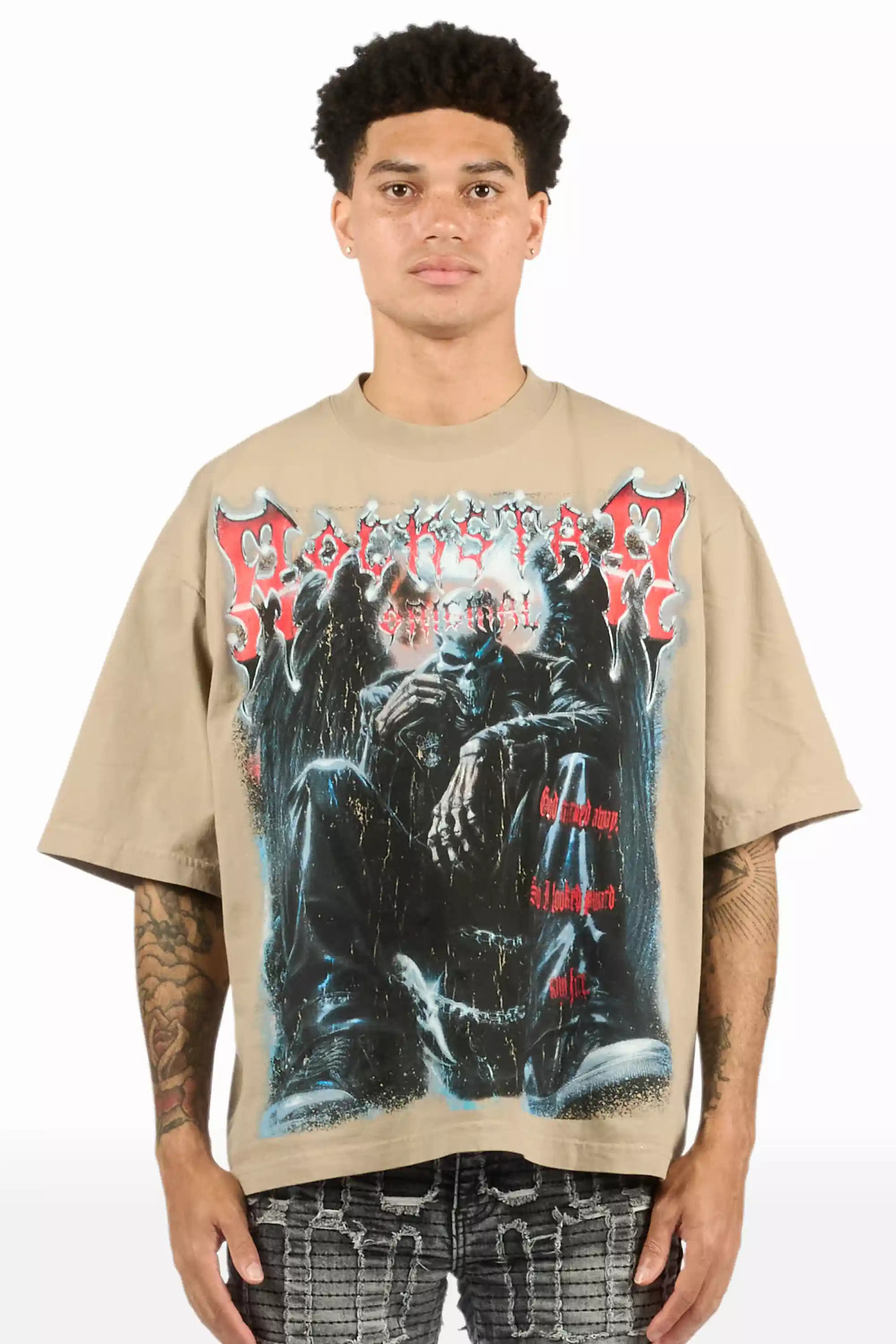 Krowne Beige/Black Oversized Graphic T-Shirt