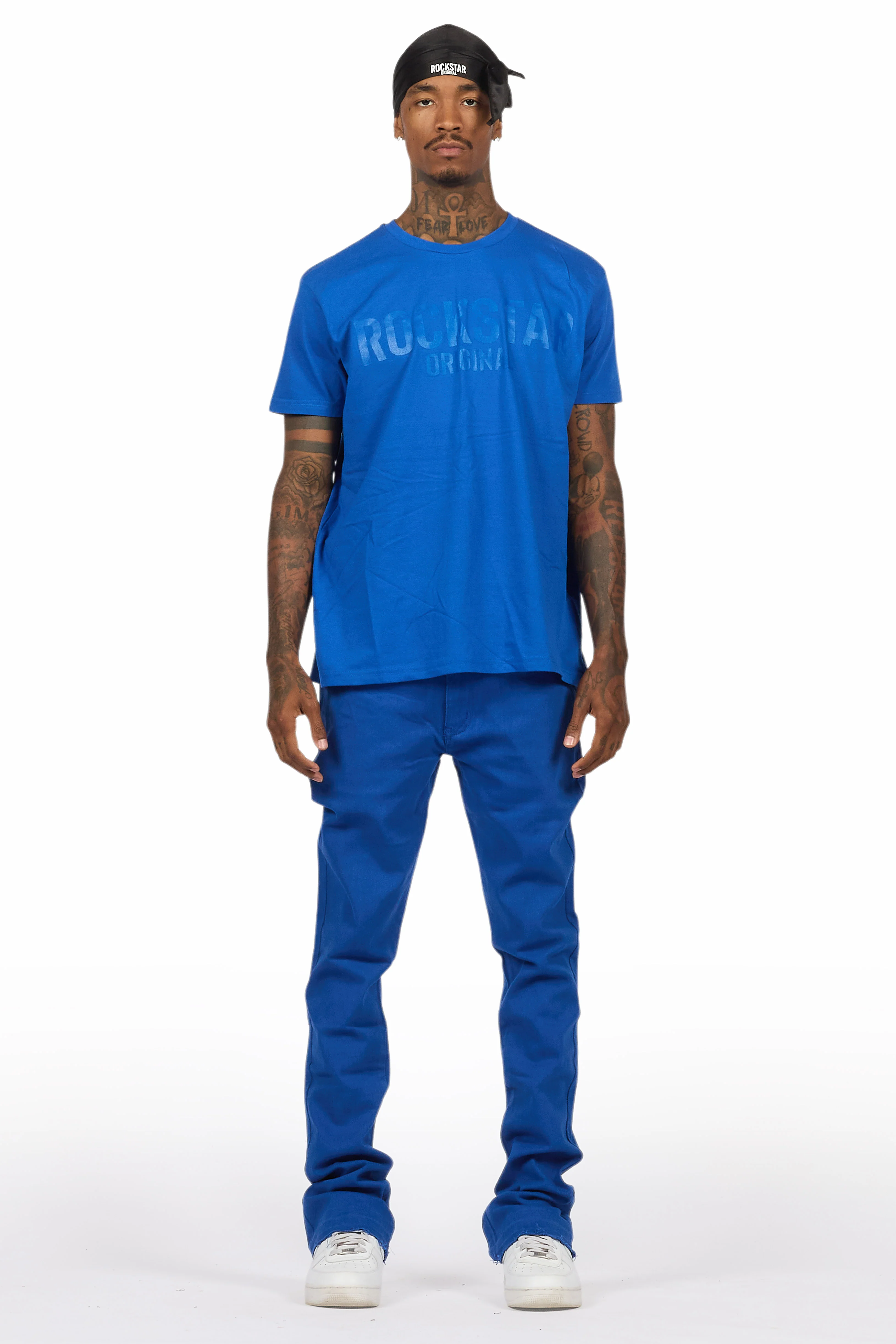 Sana Royal Blue T-Shirt/Dag Stacked Flare Jean Set