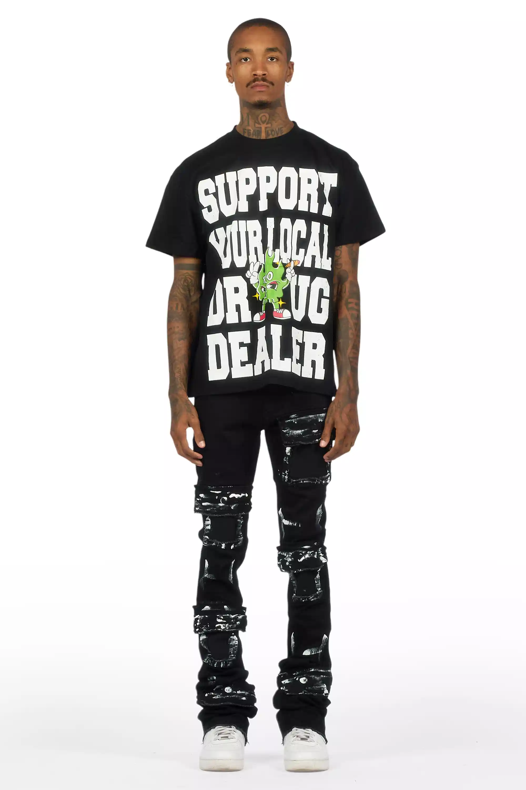 Tarl Black Oversized T-Shirt/Painted Super Stacked Flare Jean Bundle