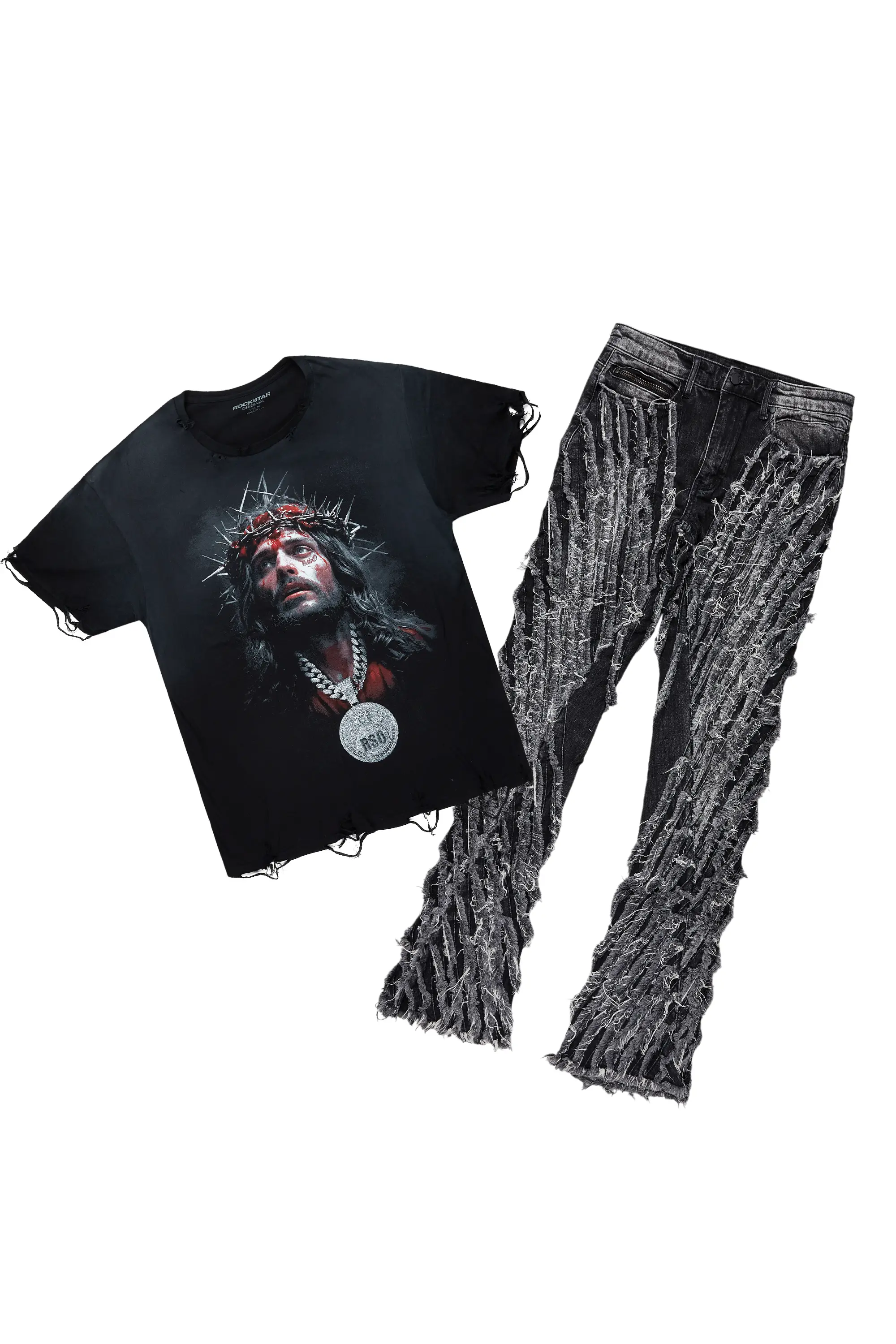 Amina Black Oversized T-Shirt/Stacked Flare Jean Bundle