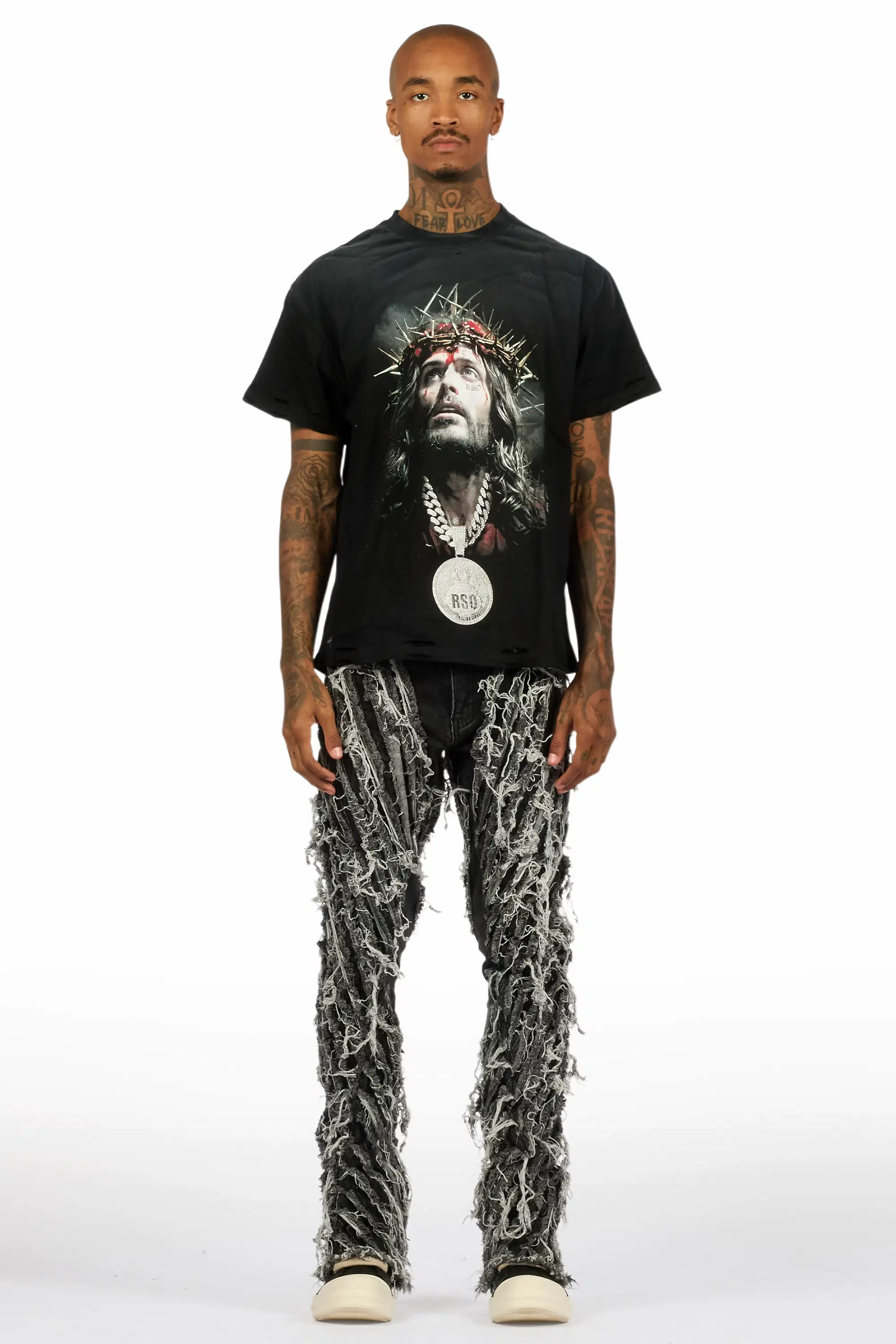Amina Black Oversized T-Shirt/Stacked Flare Jean Bundle