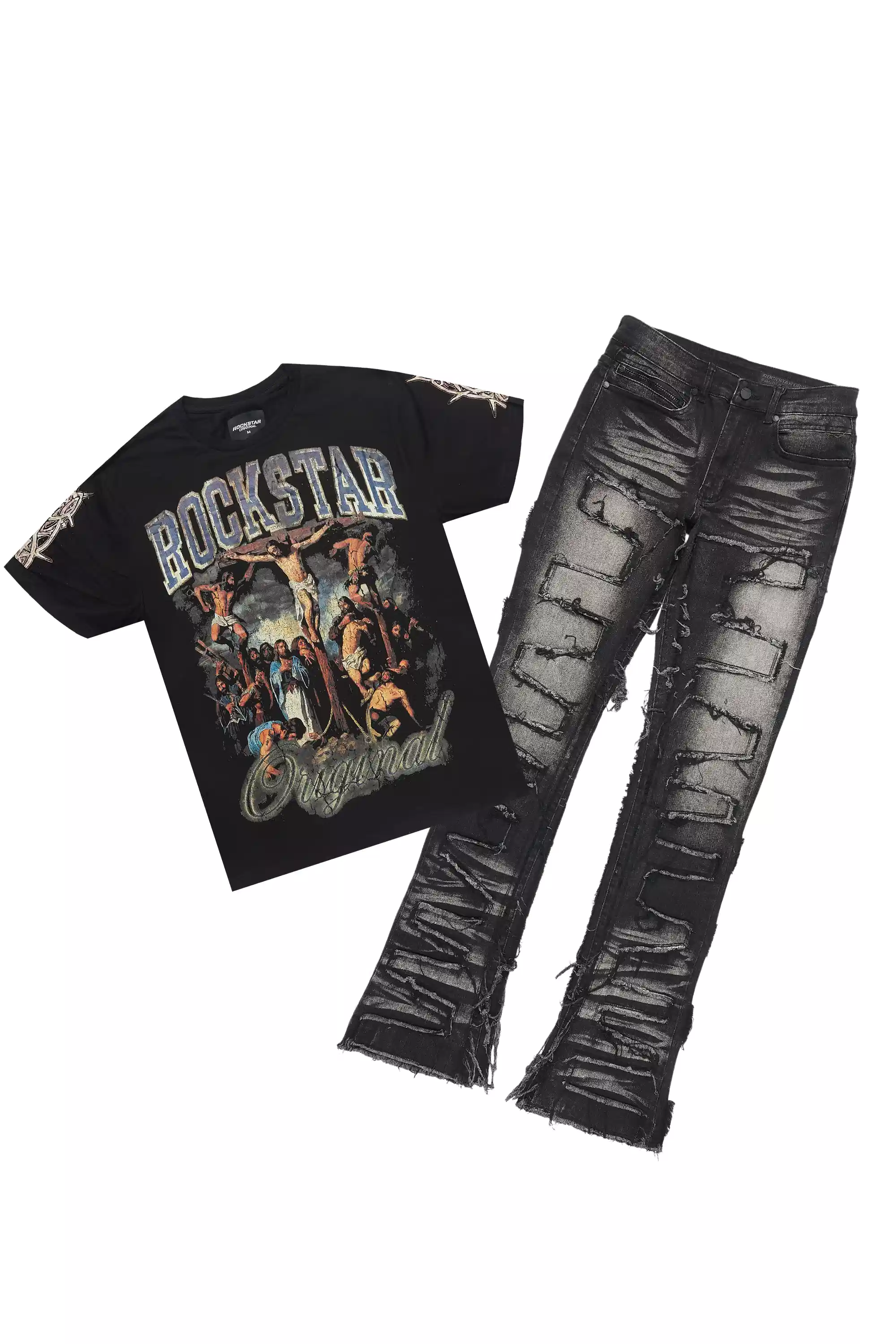 Waller Dark Grey Graphic T-Shirt/Stacked Flare Jean Bundle