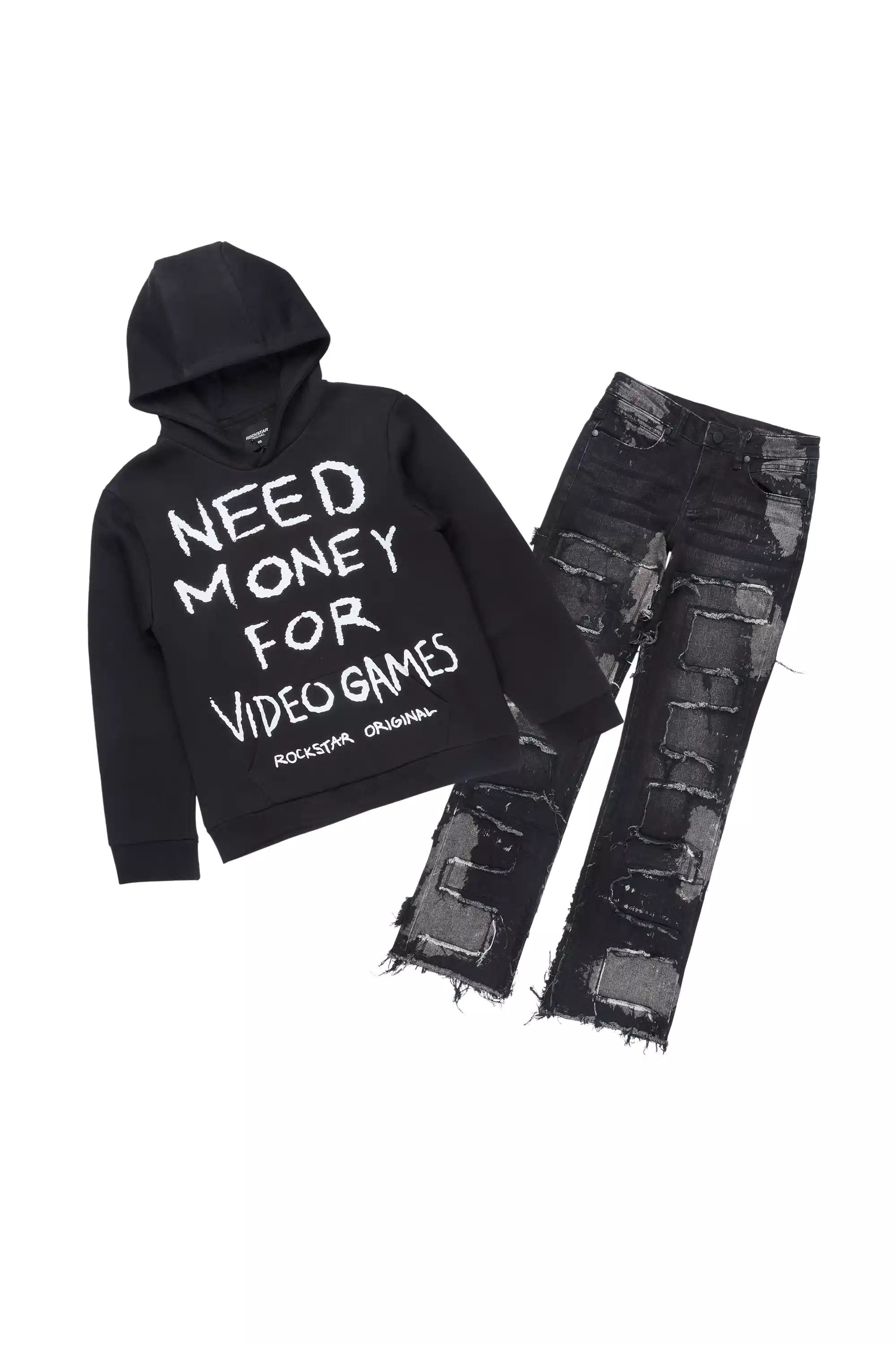 Boys M4 Video Games Black Hoodie Stacked Jean Set
