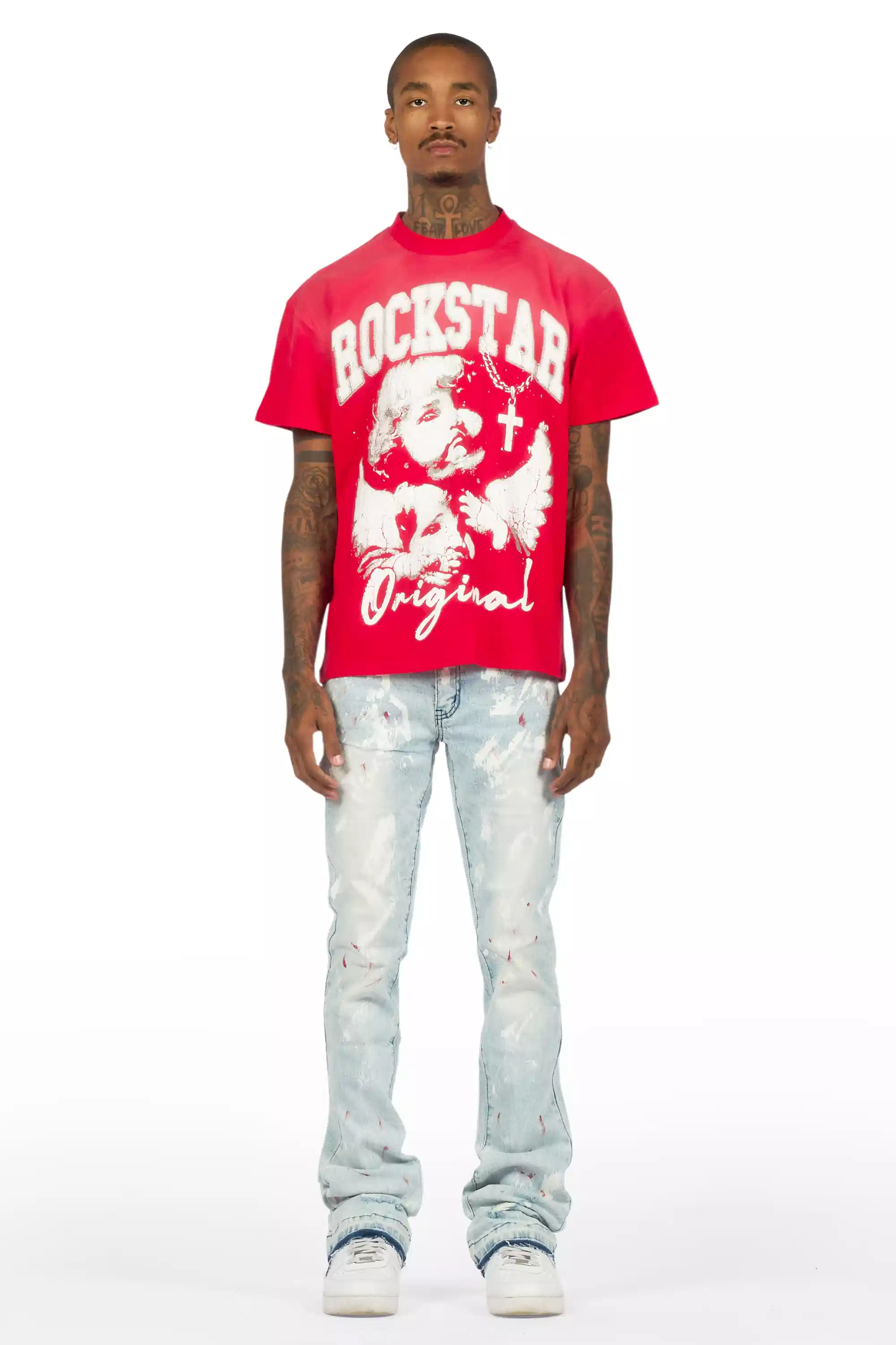 Deiter Red Oversized T-Shirt/Stacked Flare Jean Set