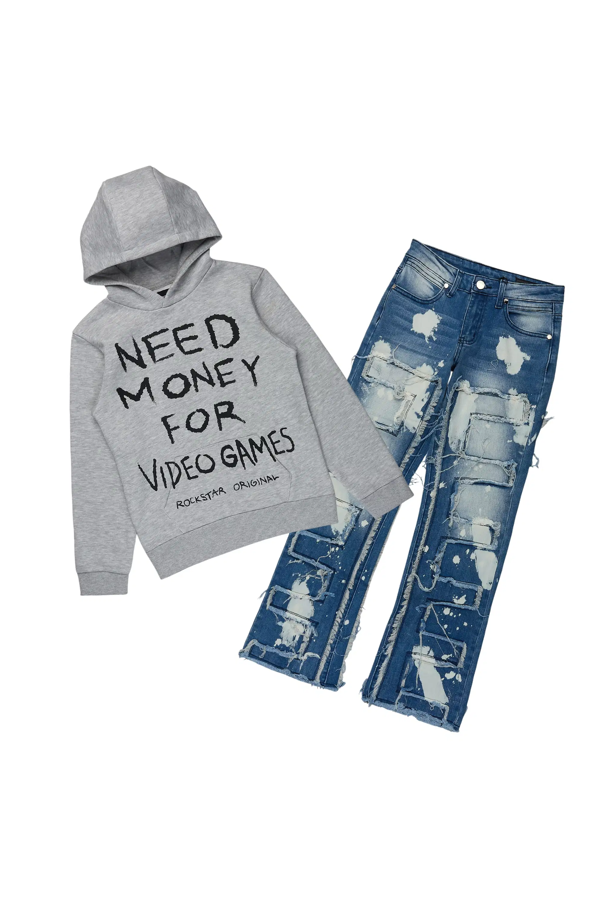 Boys M4 Video Games Grey Hoodie/Stacked Jean Set