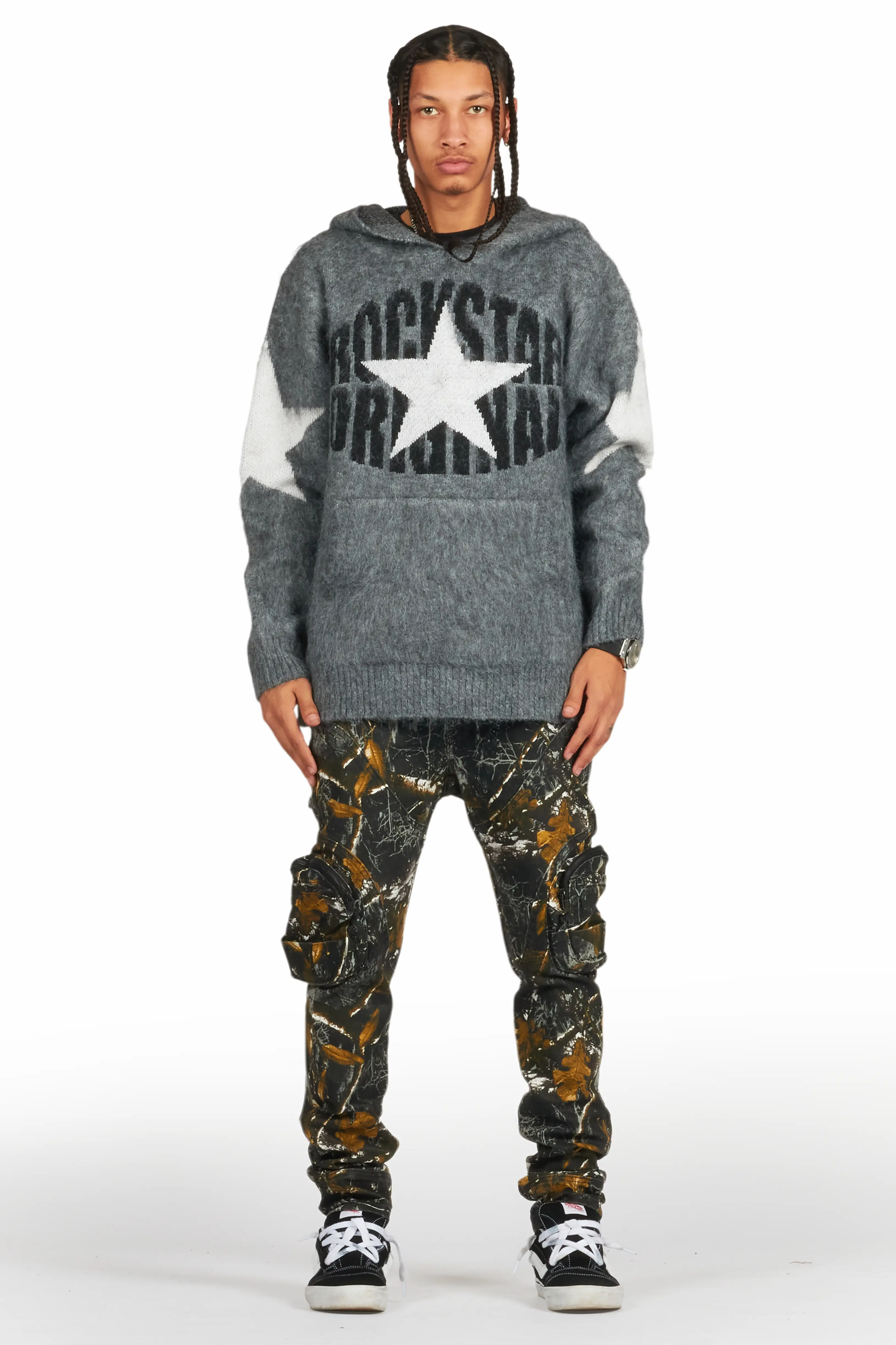 States Grey Graphic Knitted Mohair Hoodie