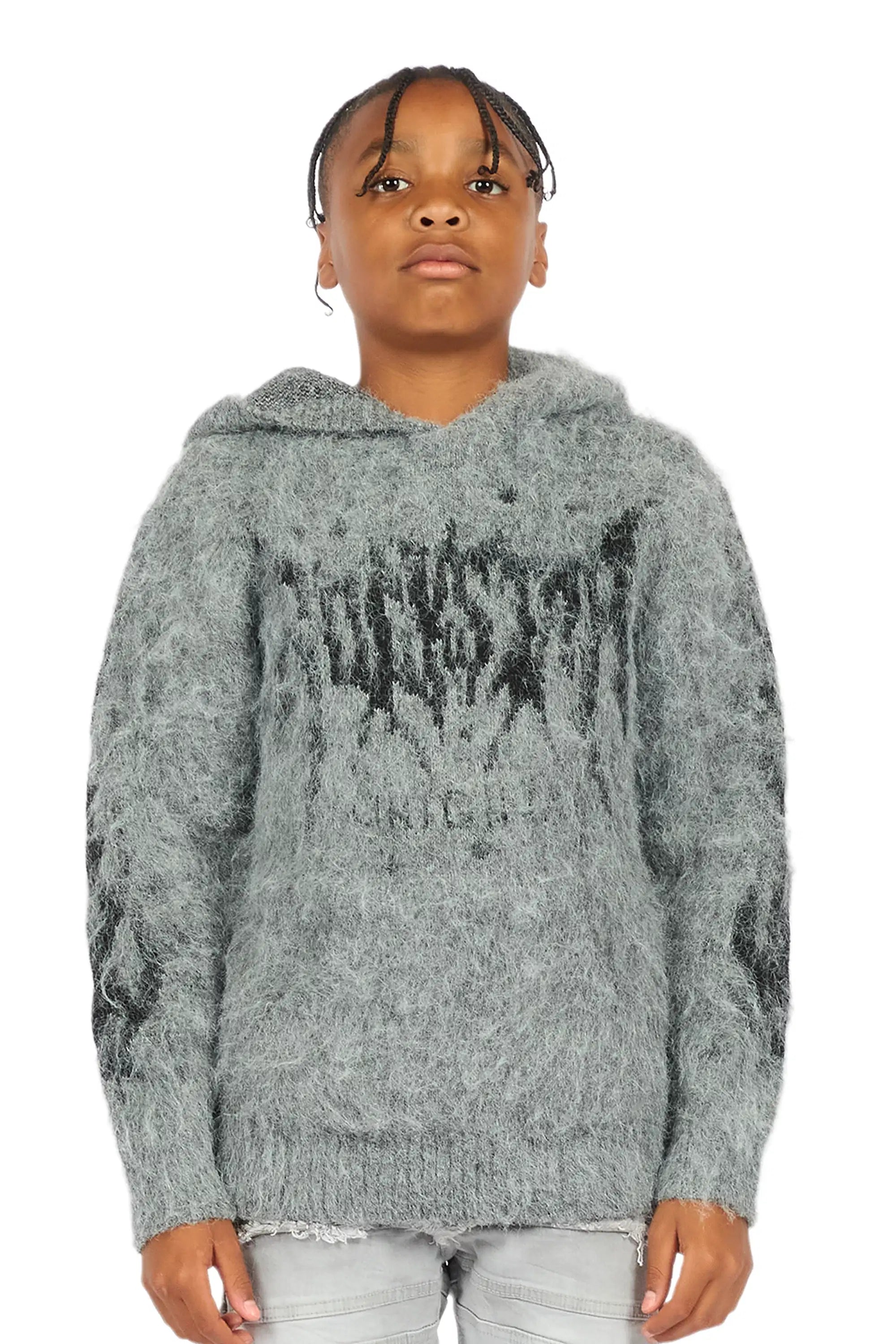 Boys Raymond Grey Graphic Knitted Mohair Hoodie
