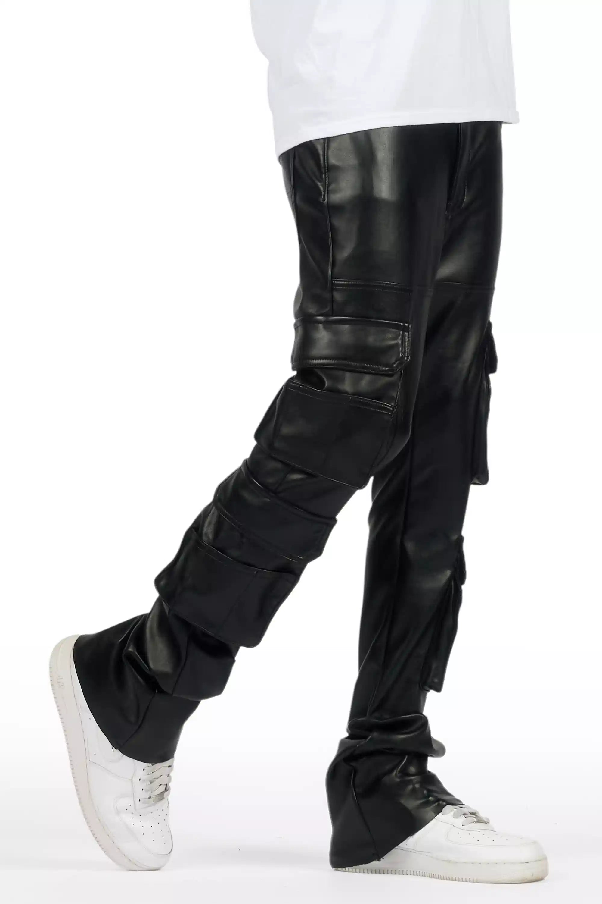 Keylor Black Stacked Flare PU Pants