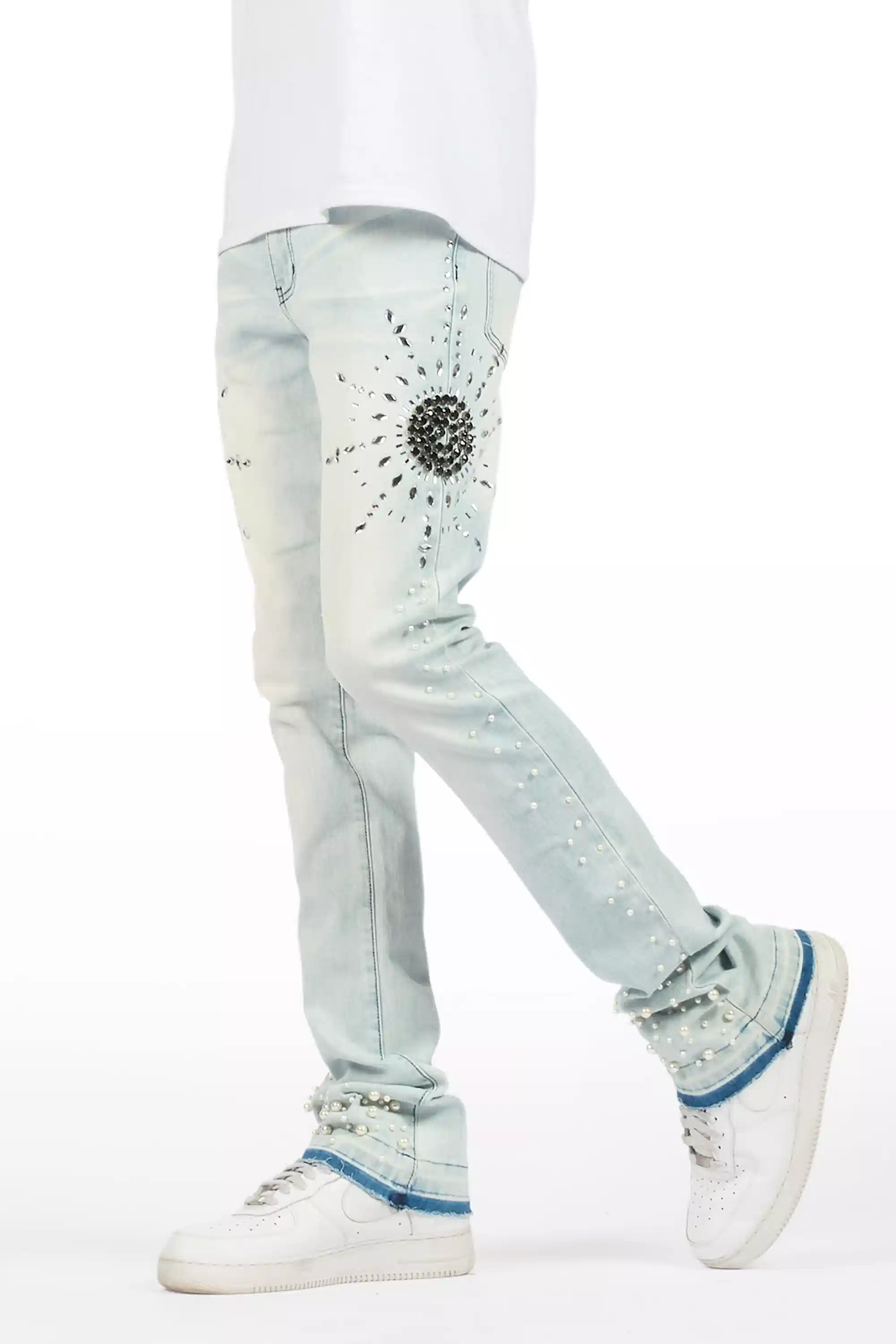 Tryst Light Blue Rhinestone Stacked Flare Jean
