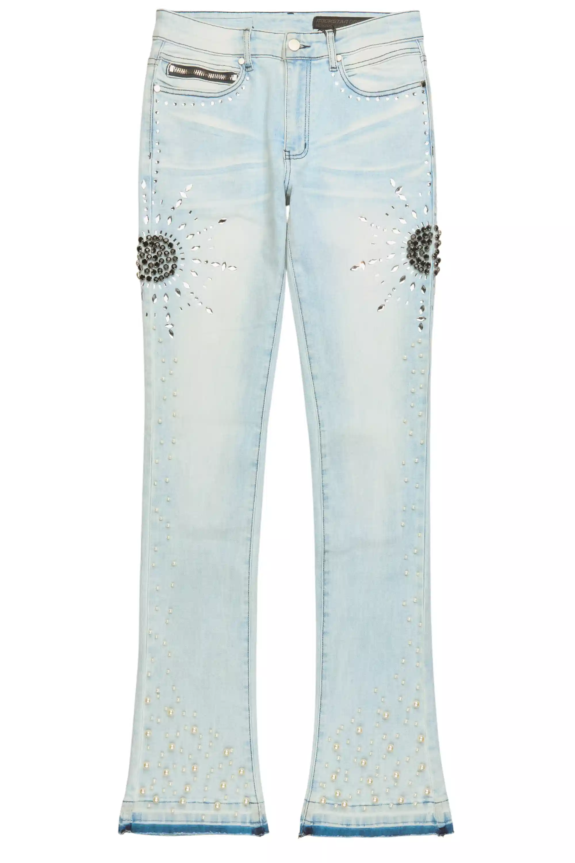 Tryst Light Blue Rhinestone Stacked Flare Jean