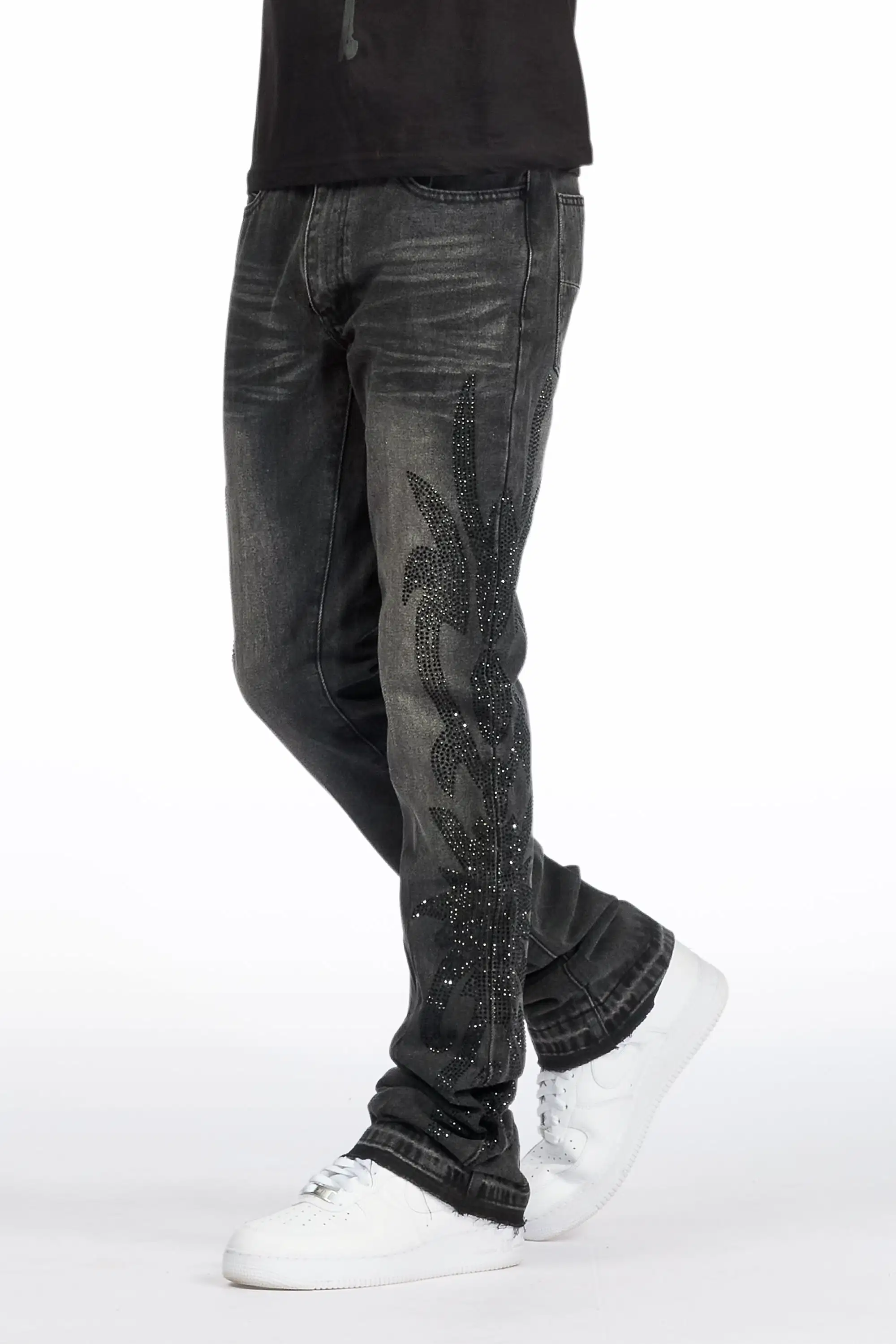Shamaz Rhinestone Dark Grey Stacked Flare Jean