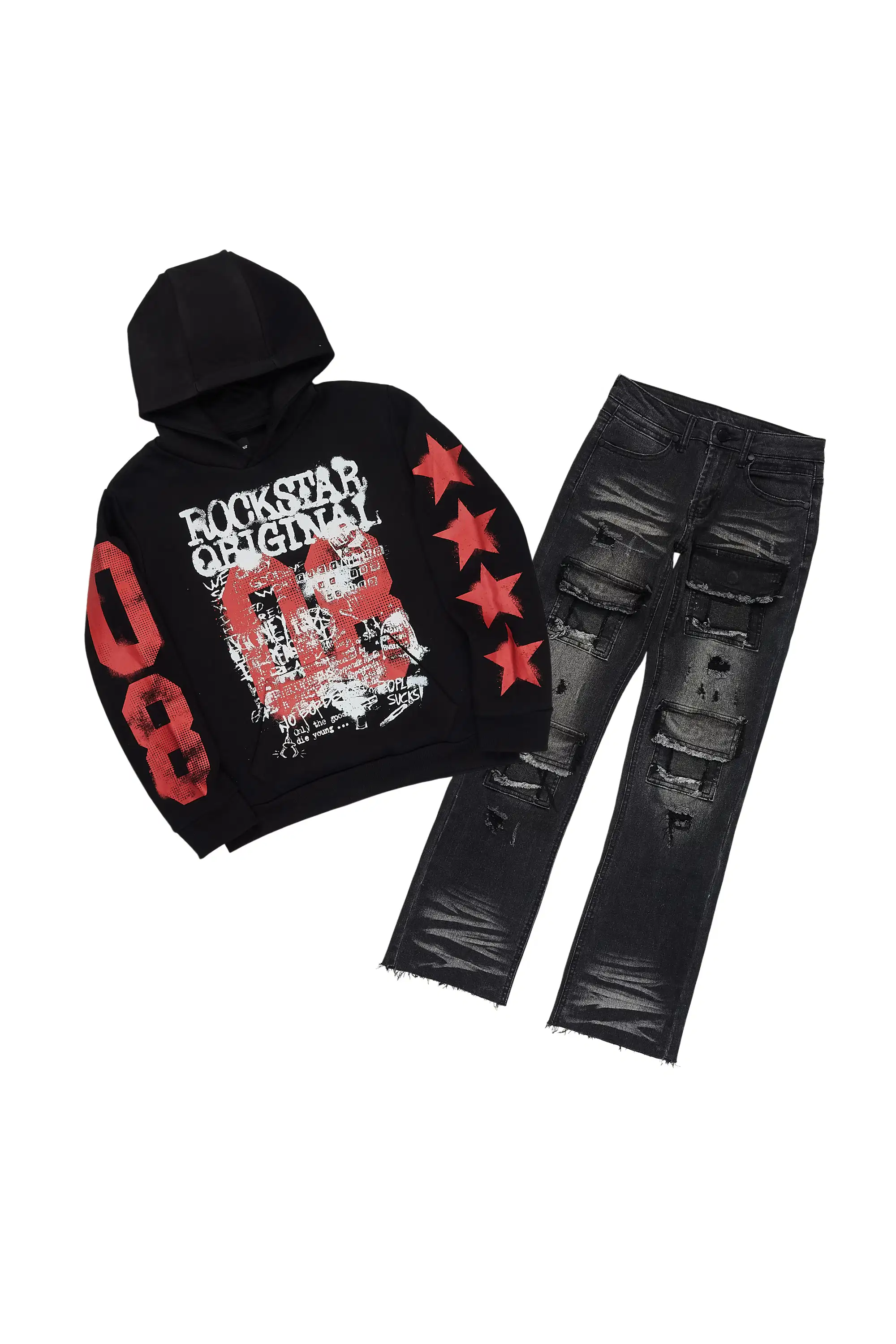 Boys Rhett Black Hoodie/Stacked Jean Set